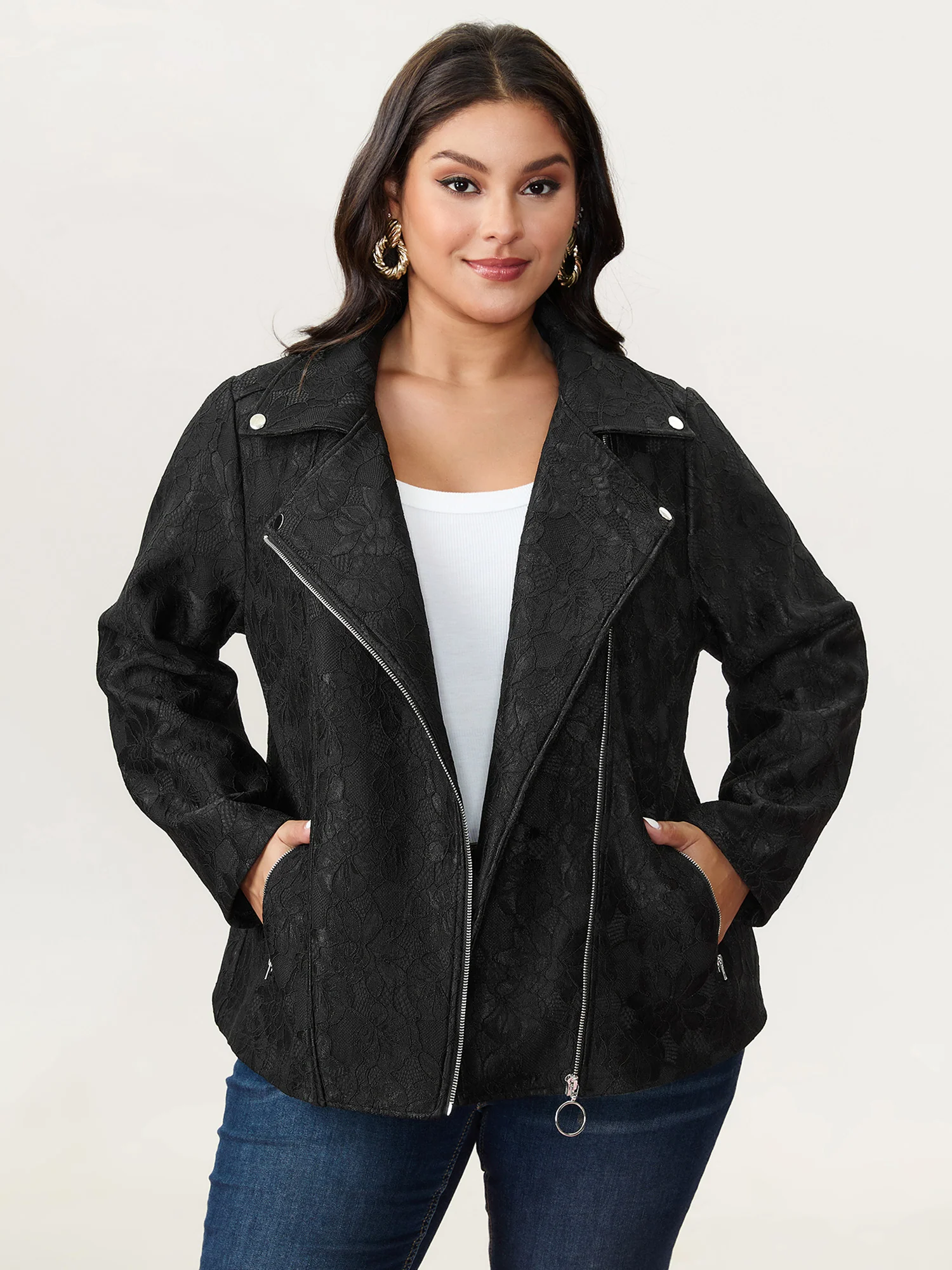 Crochet Lace Mesh Pocket Zipper Coat