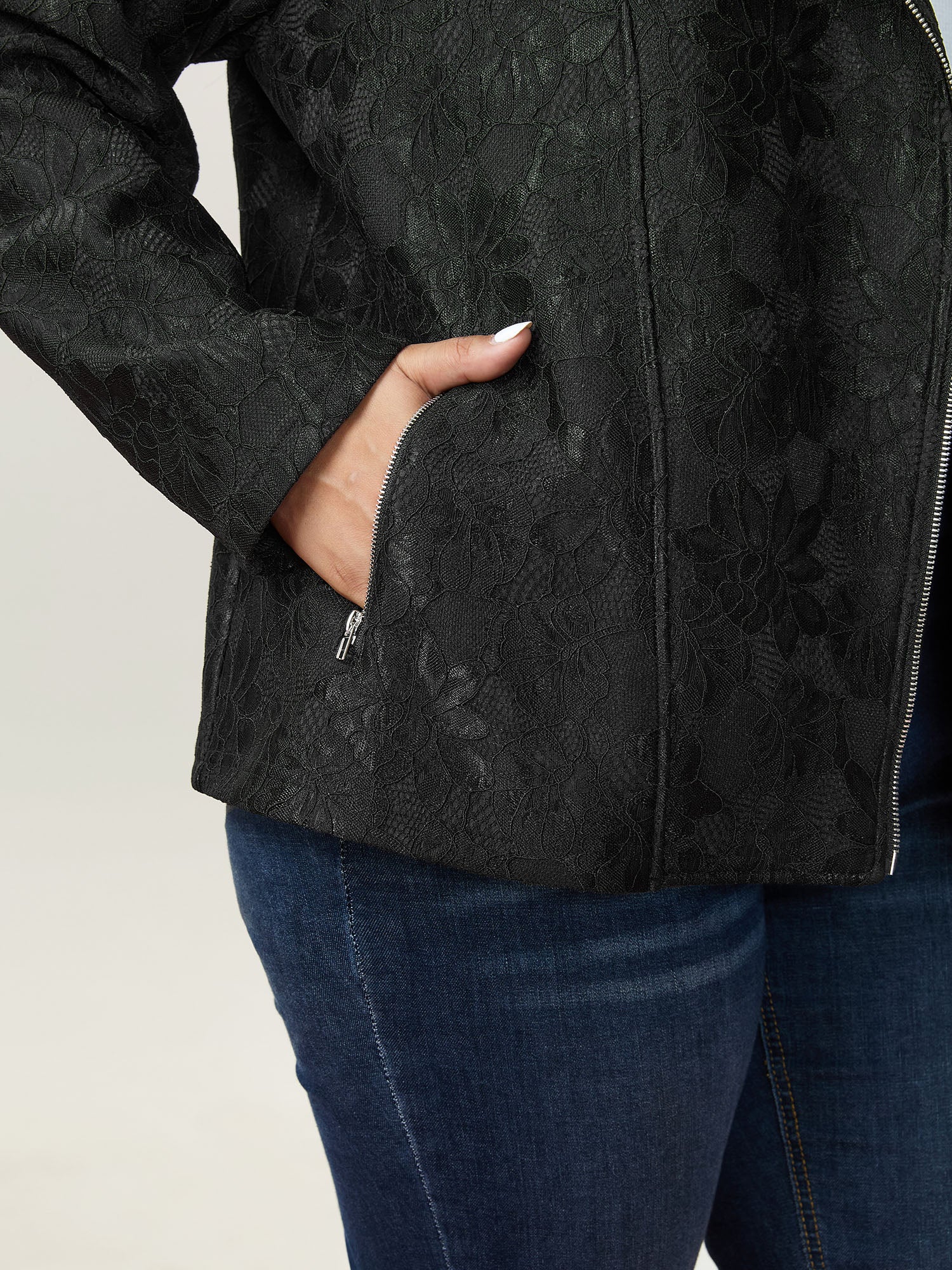 Crochet Lace Mesh Pocket Zipper Coat - Image 4