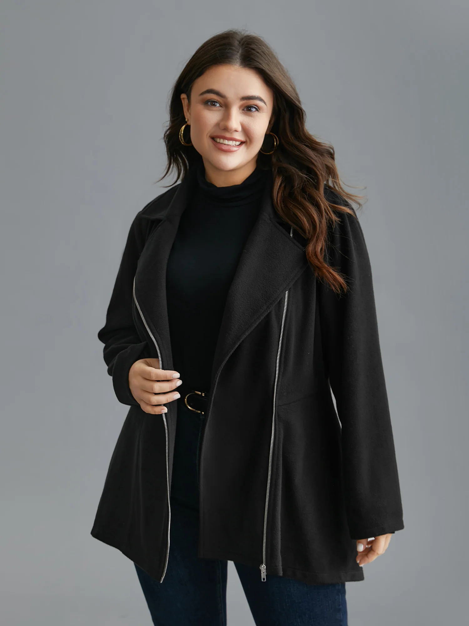 Curved Hem Zipper Placket Pockets Coat - Image 2