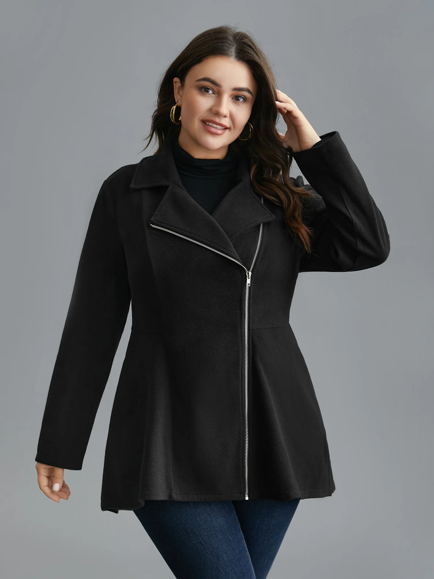 Curved Hem Zipper Placket Pockets Coat - Image 3