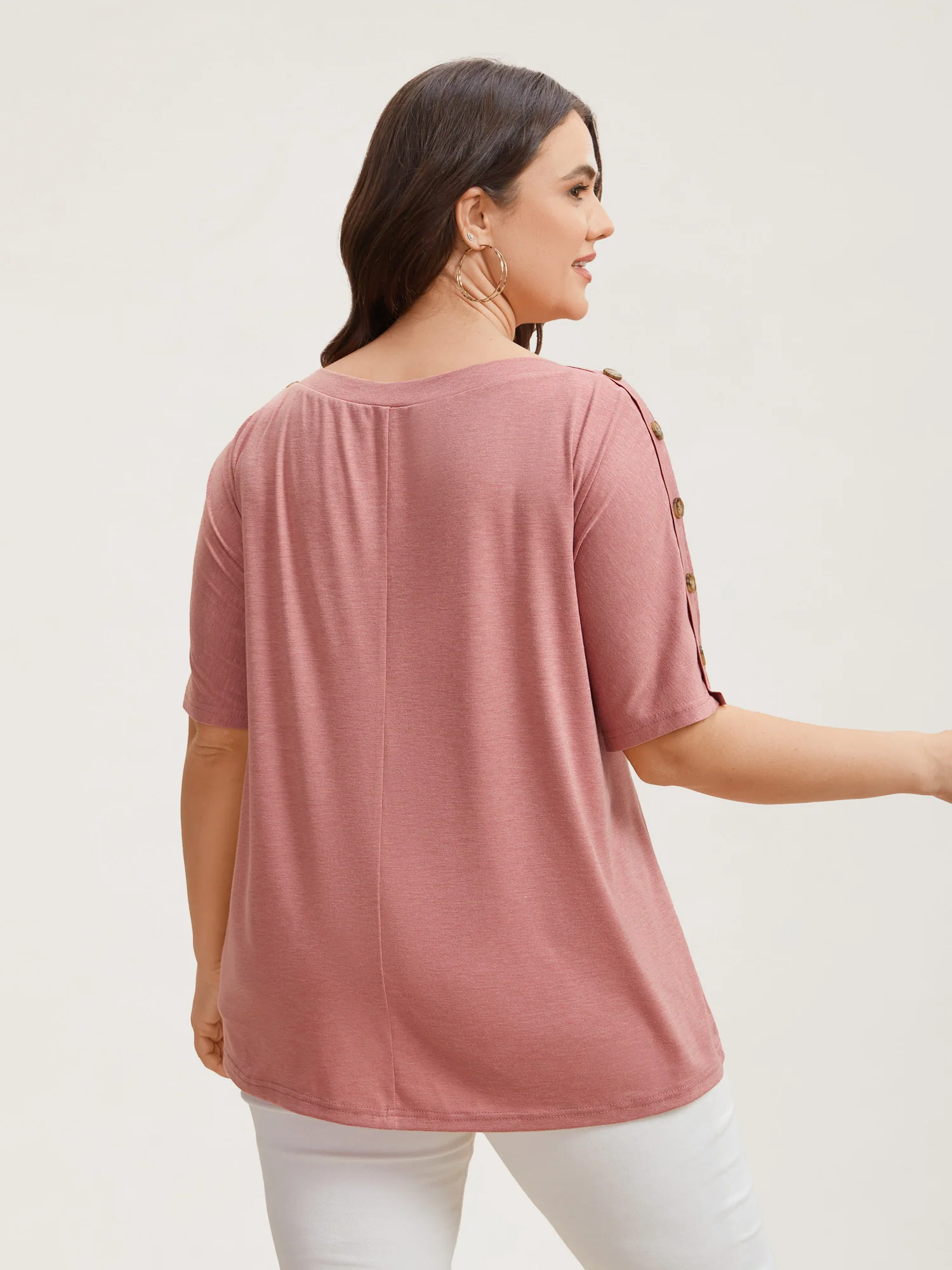 Decorative Buttons Half-Sleeve Plain T-Shirt - Image 3