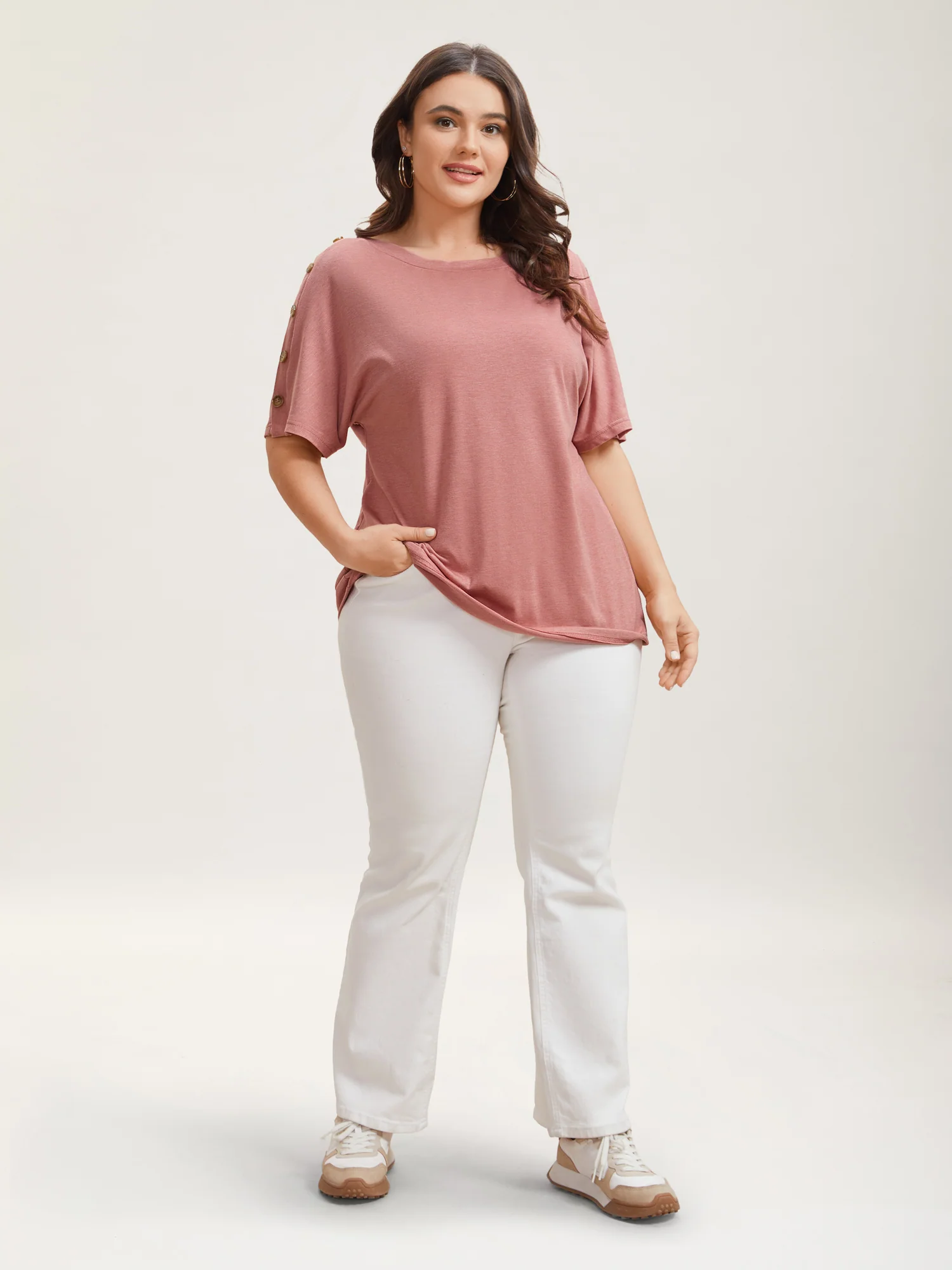 Decorative Buttons Half-Sleeve Plain T-Shirt - Image 4