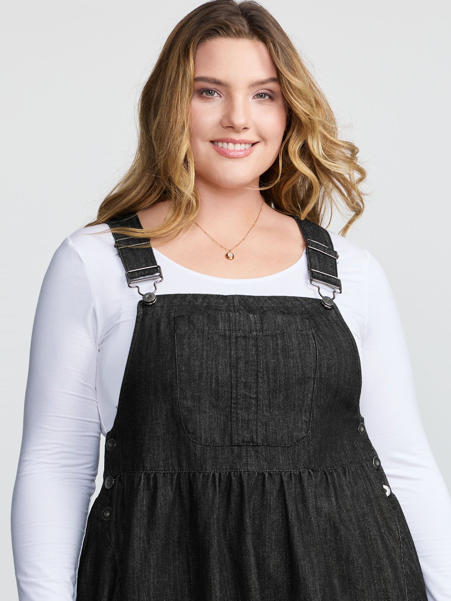 Denim Adjustable Overall Straps Pockets Midi Dress - Image 10