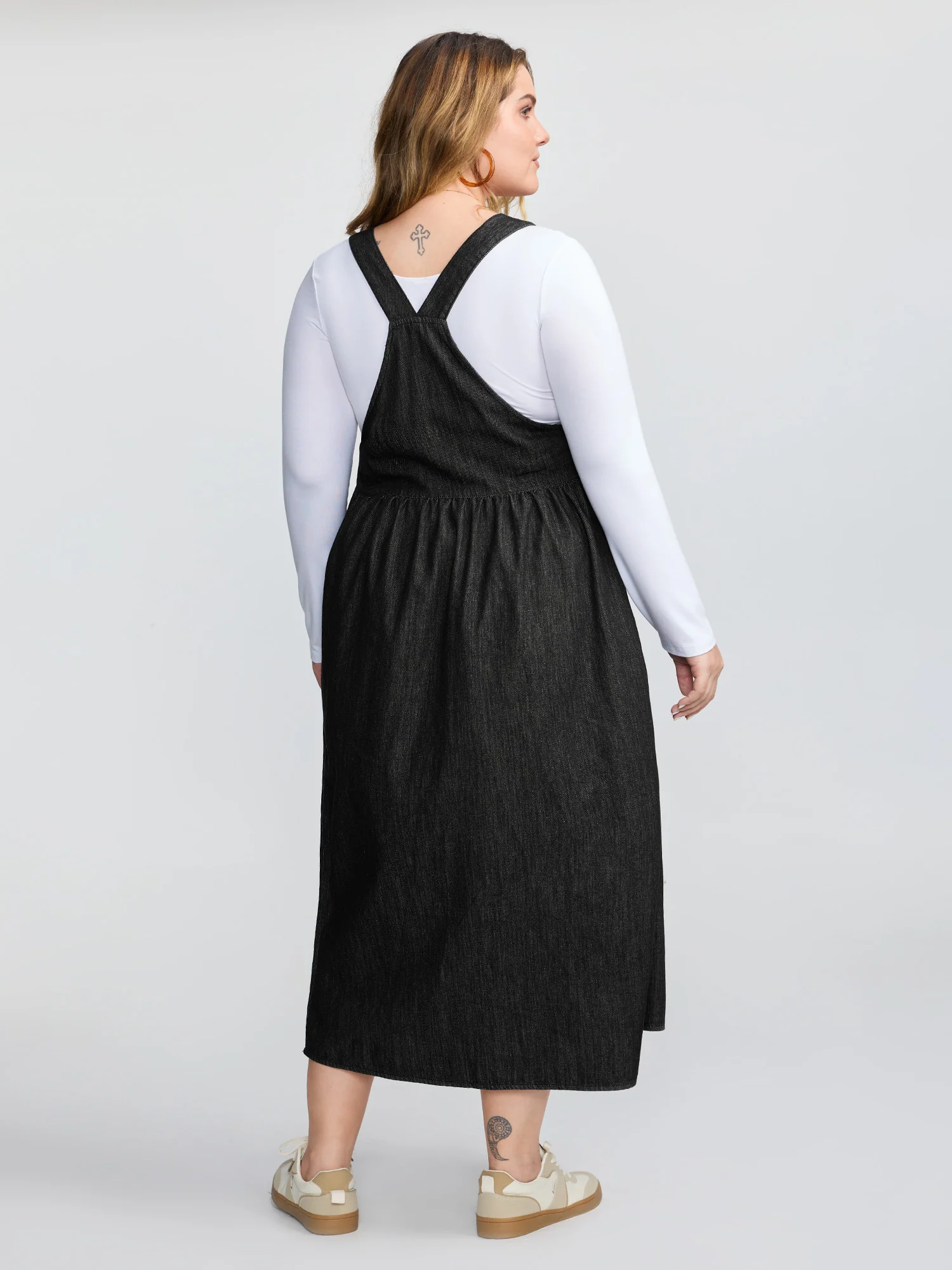 Denim Adjustable Overall Straps Pockets Midi Dress - Image 12