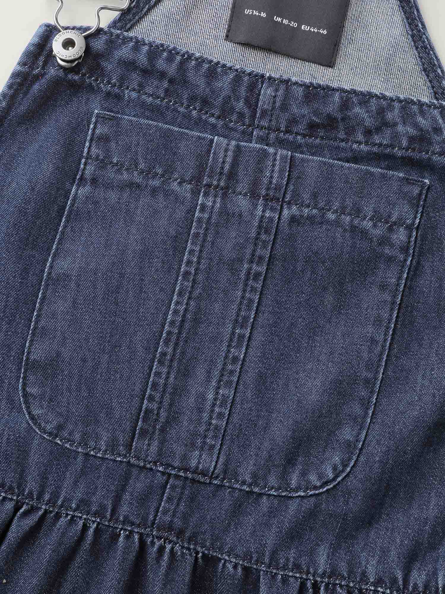 Denim Adjustable Overall Straps Pockets Midi Dress - Image 6