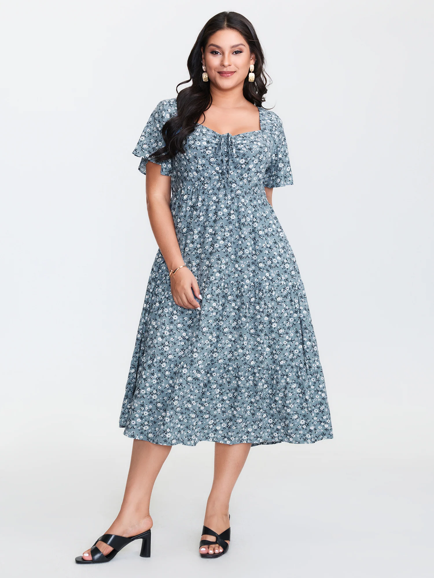 Ditsy Floral Sweetheart Drawstring Pocket Tiered Dress - Image 19
