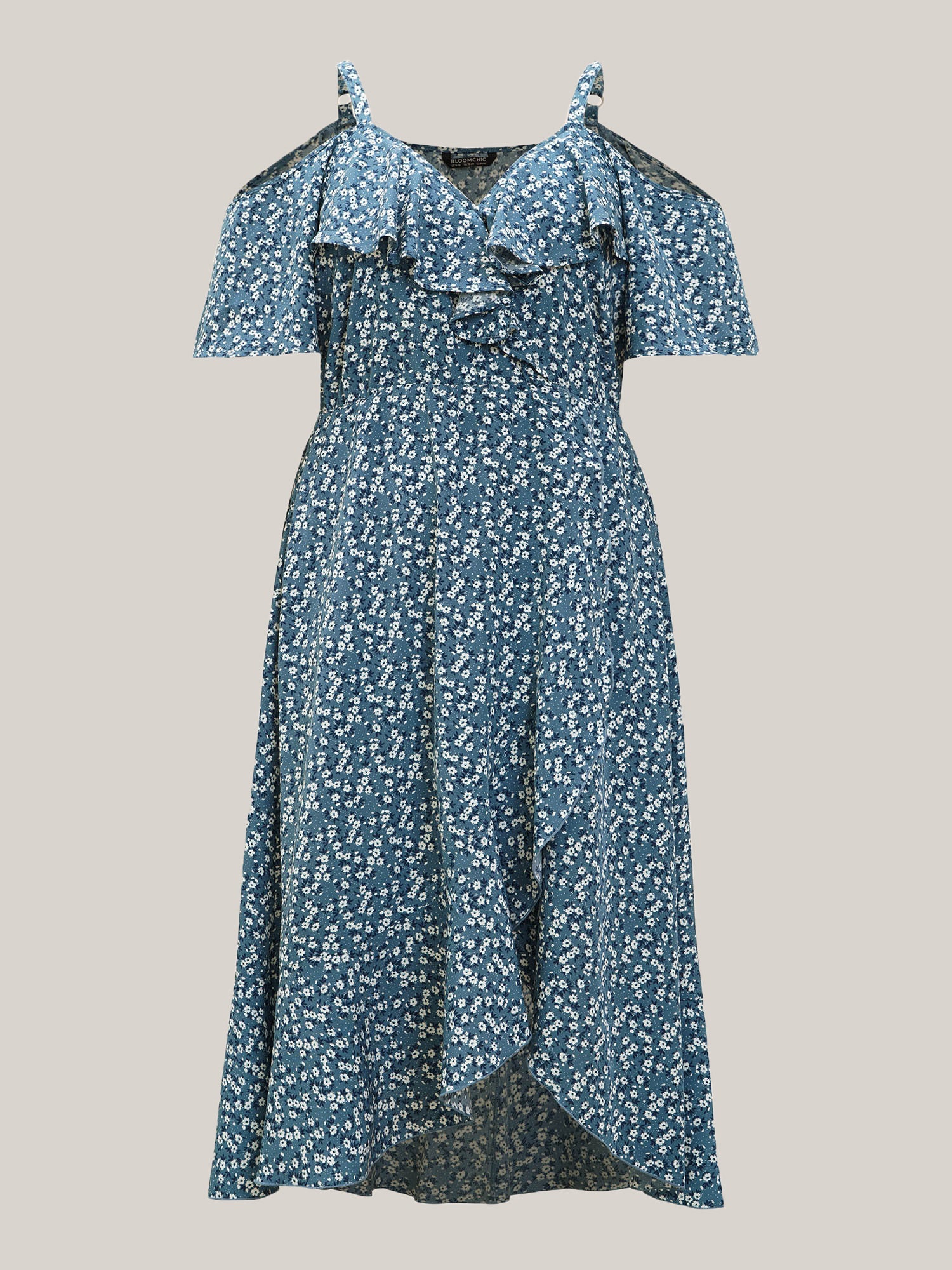 Ditsy Floral Pocket Wrap Cold Shoulder Ruffle Dress - Image 10