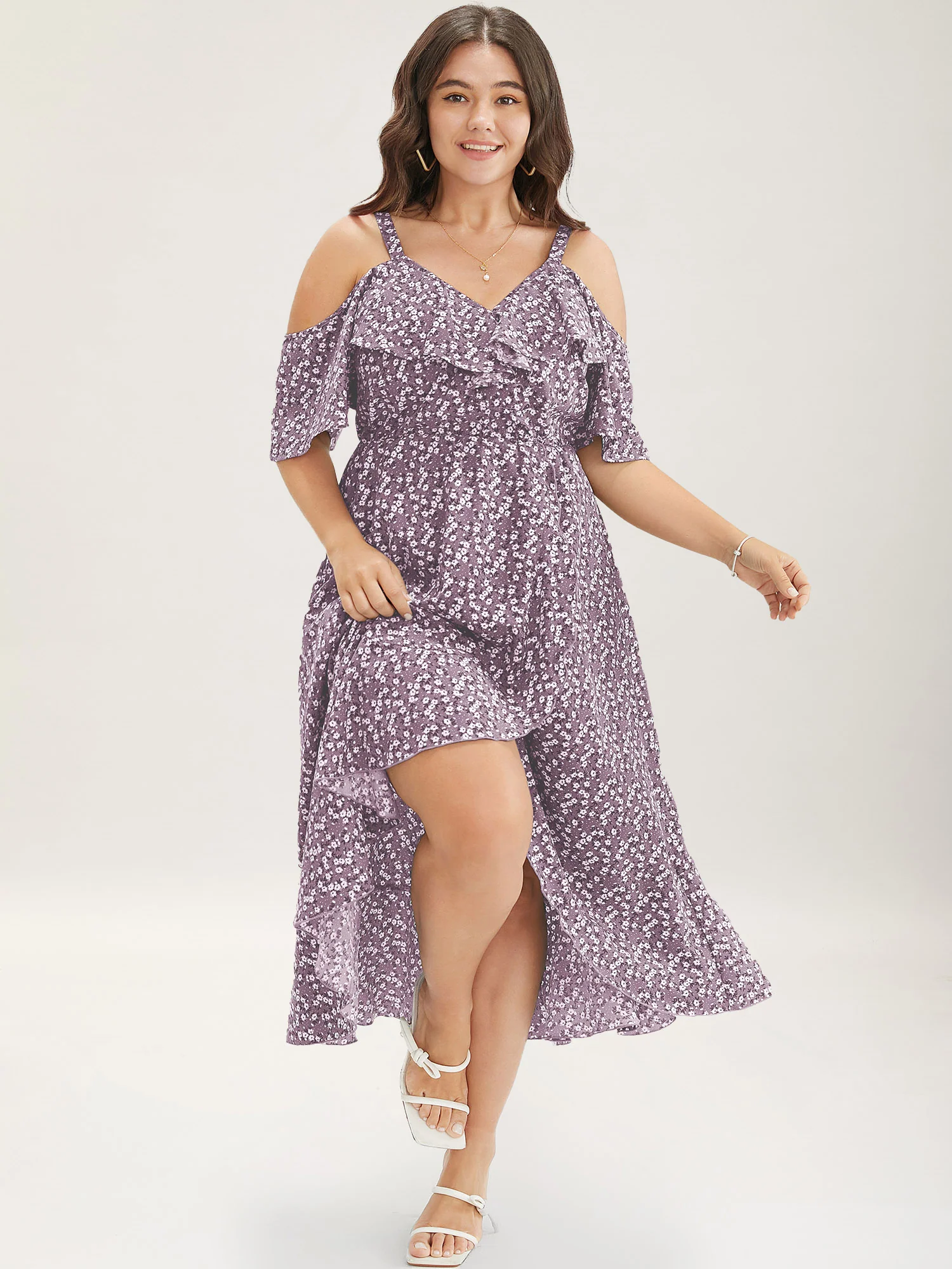 Ditsy Floral Pocket Wrap Cold Shoulder Ruffle Dress - Image 11
