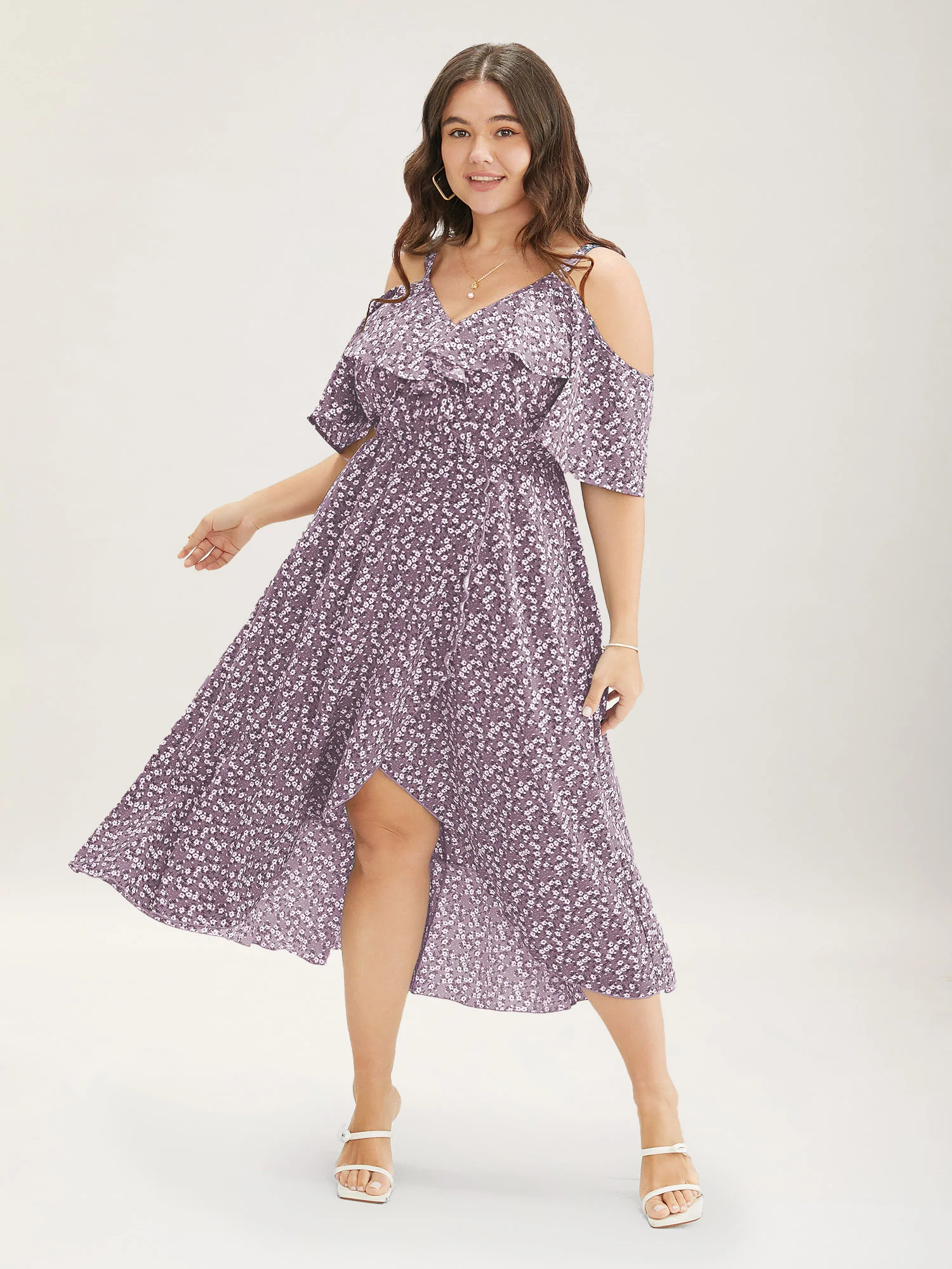 Ditsy Floral Pocket Wrap Cold Shoulder Ruffle Dress - Image 12