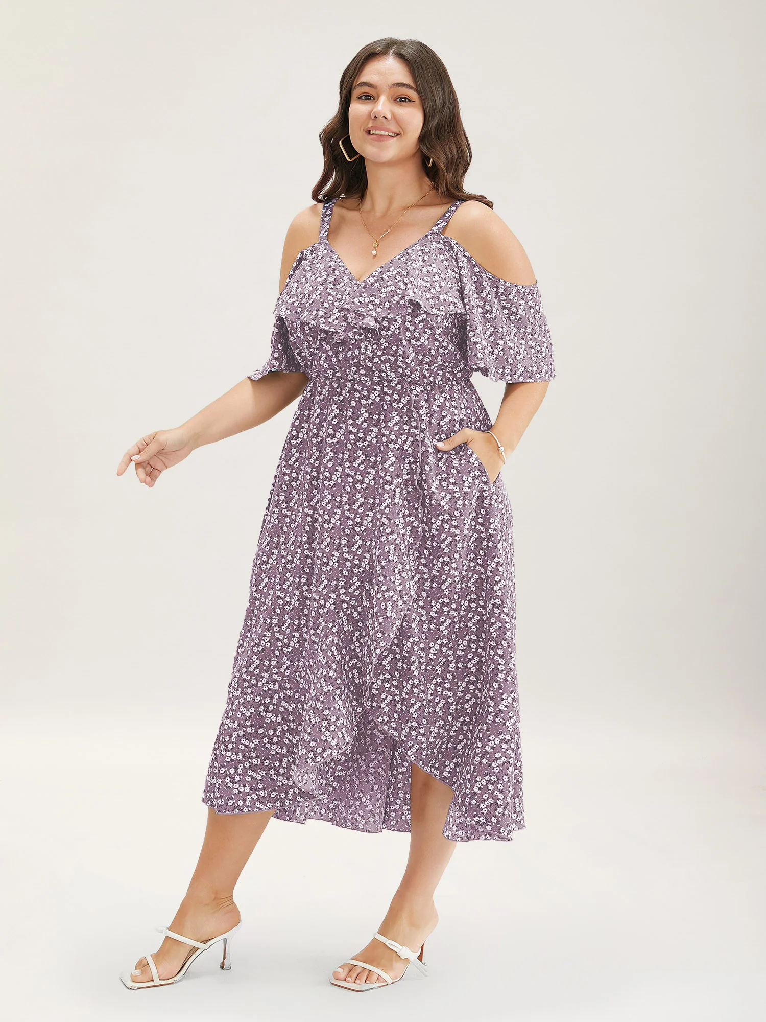 Ditsy Floral Pocket Wrap Cold Shoulder Ruffle Dress - Image 13