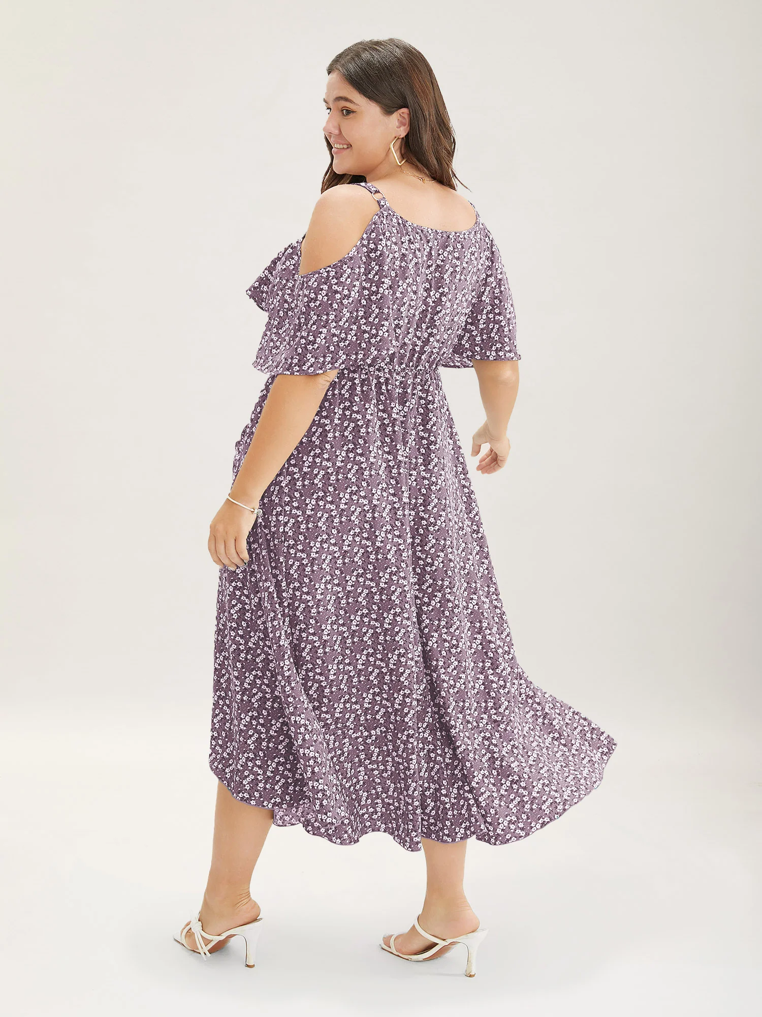 Ditsy Floral Pocket Wrap Cold Shoulder Ruffle Dress - Image 14