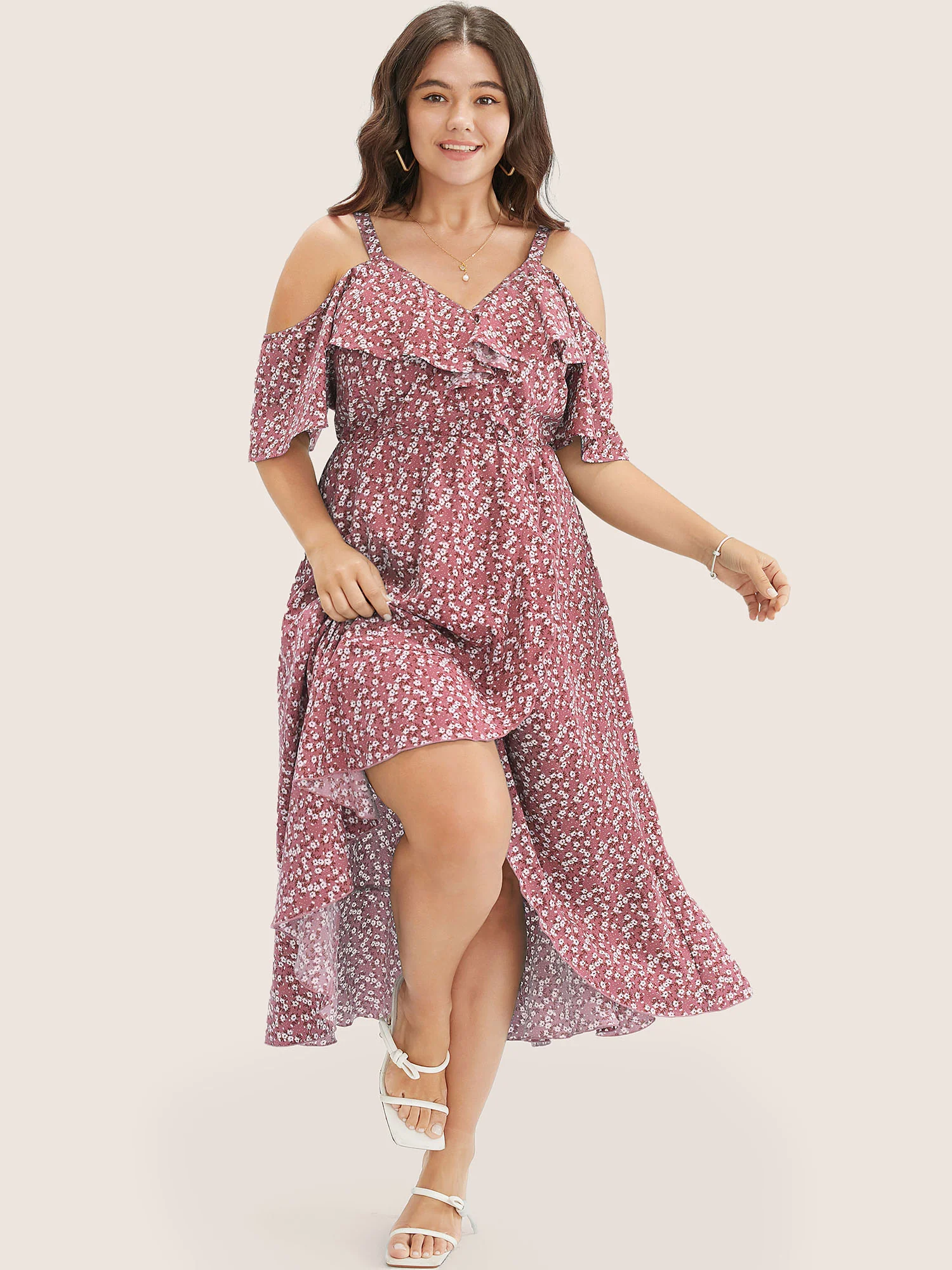 Ditsy Floral Pocket Wrap Cold Shoulder Ruffle Dress - Image 19