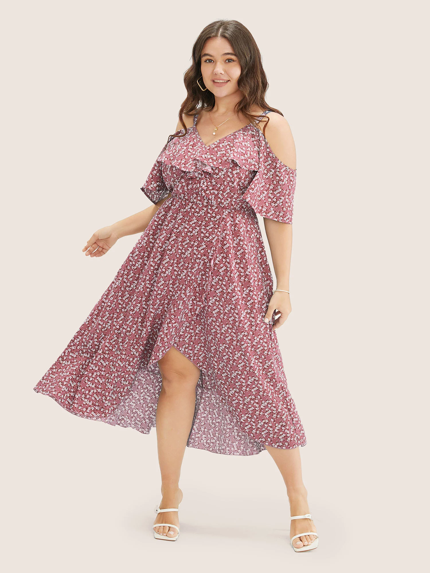 Ditsy Floral Pocket Wrap Cold Shoulder Ruffle Dress - Image 20