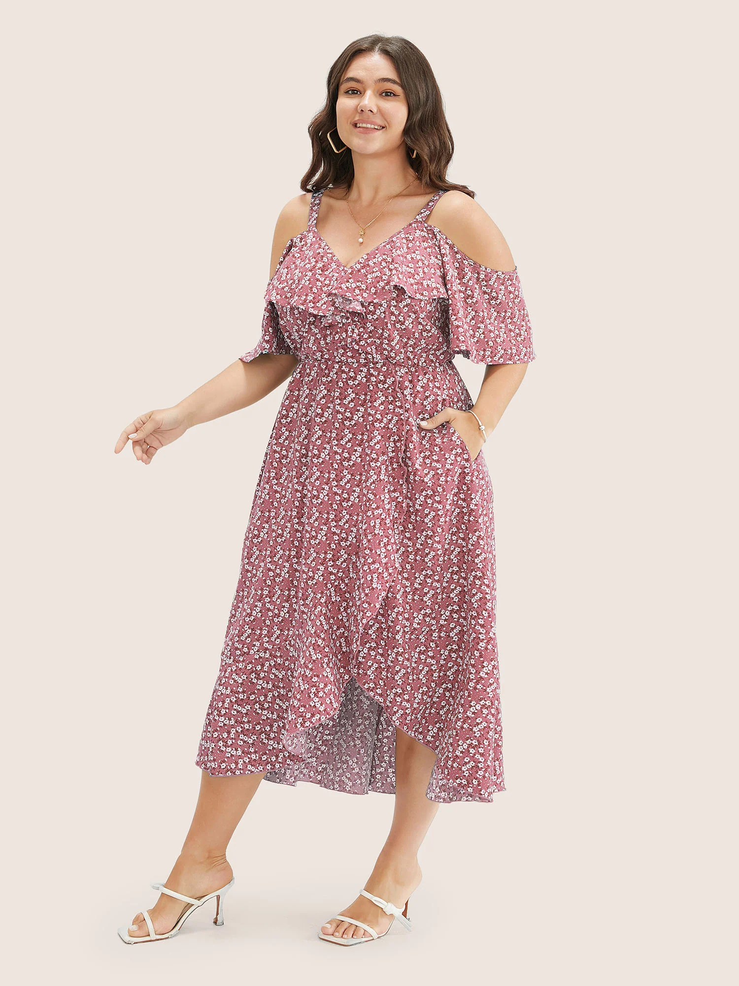 Ditsy Floral Pocket Wrap Cold Shoulder Ruffle Dress - Image 21