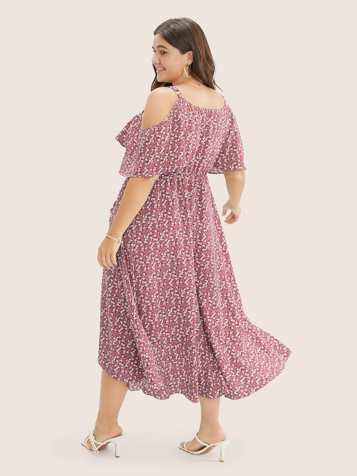 Ditsy Floral Pocket Wrap Cold Shoulder Ruffle Dress - Image 22