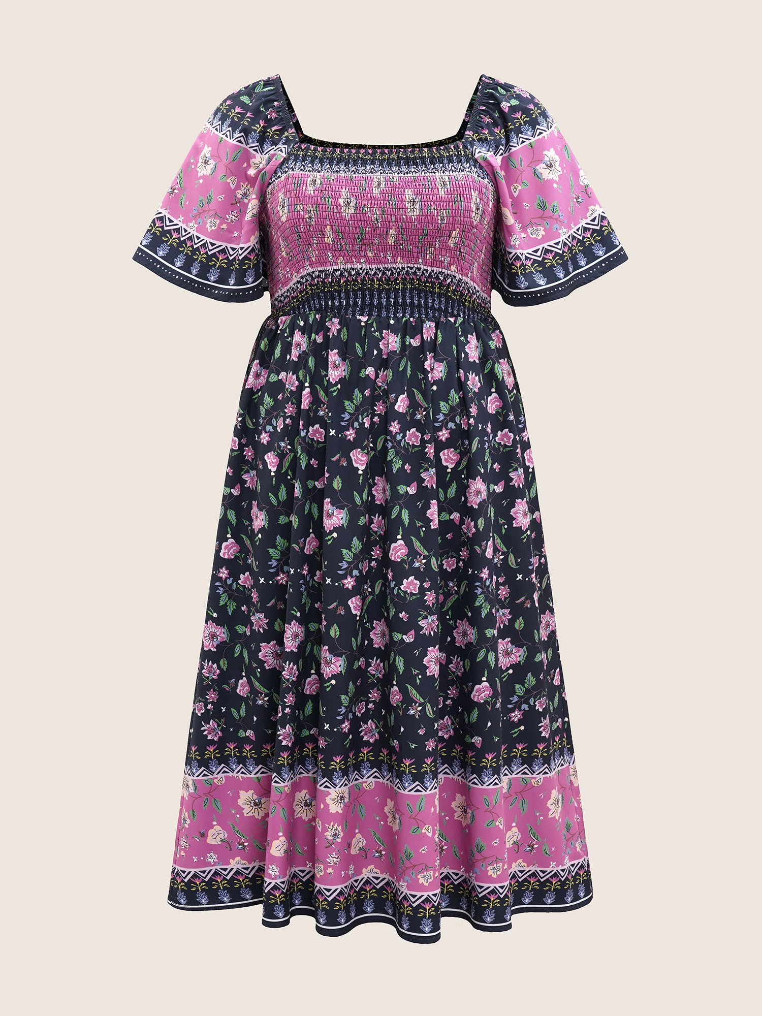 Ditsy Floral Shirred Patchwork Ruffle Sleeve Dress - Image 7