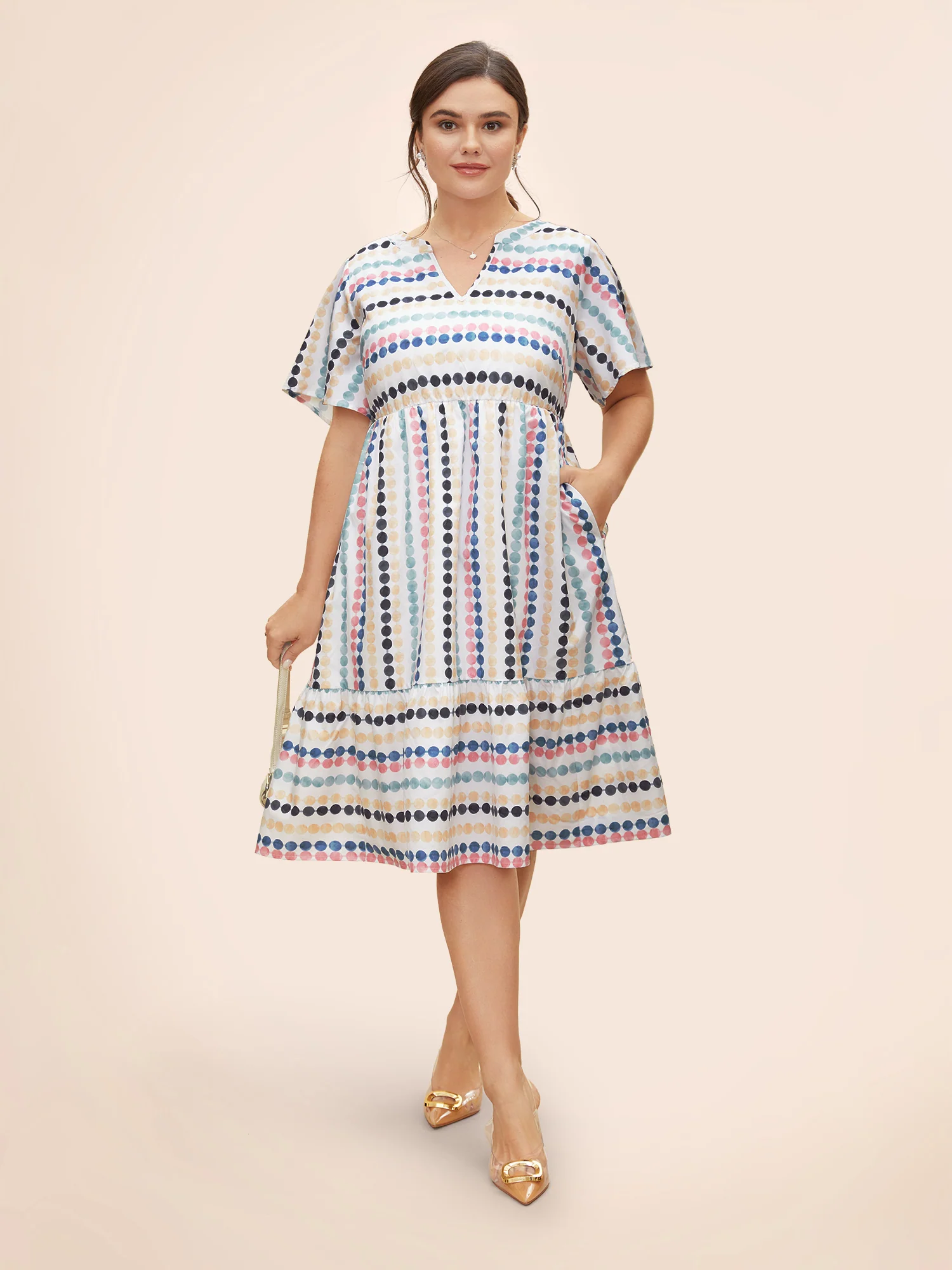 Dot Print Elastic Waist Split Neck Mini Dress - Image 2