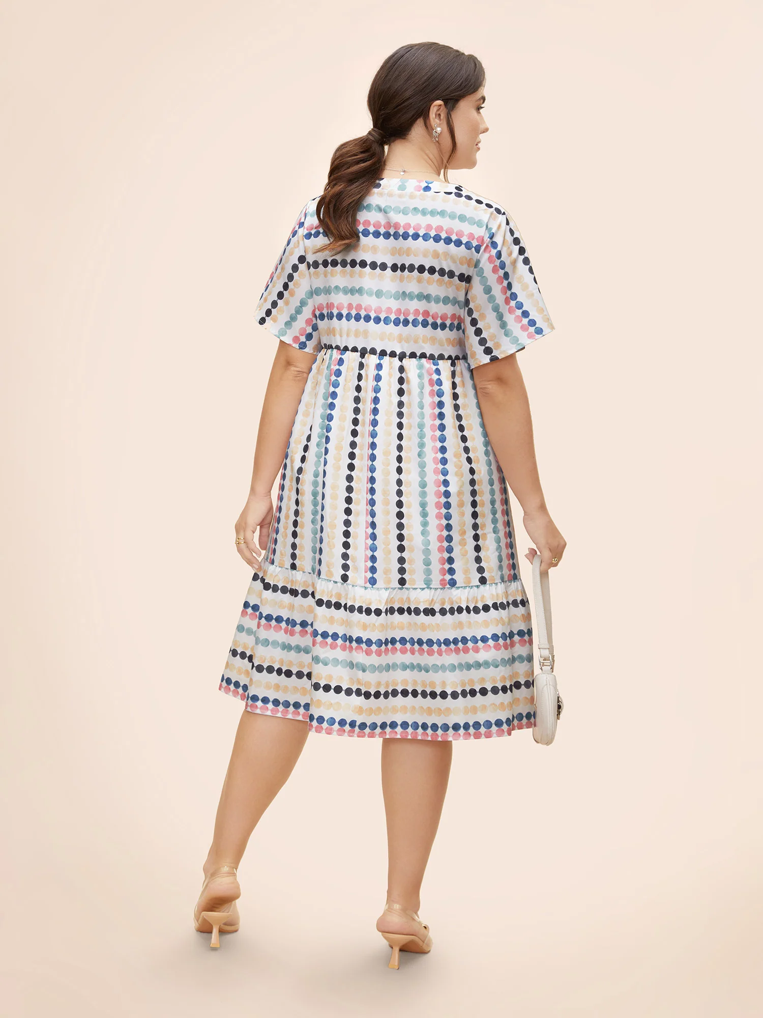 Dot Print Elastic Waist Split Neck Mini Dress - Image 4