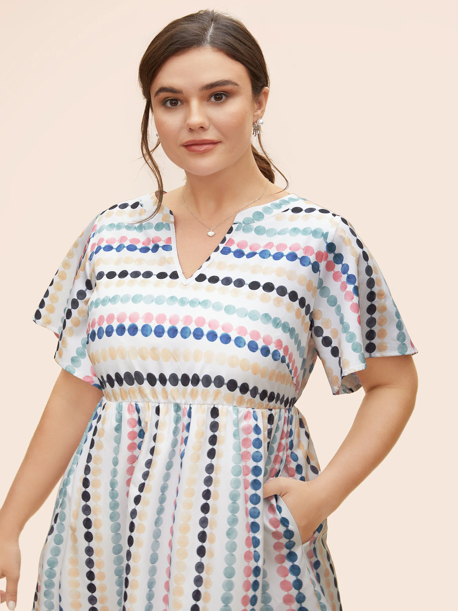 Dot Print Elastic Waist Split Neck Mini Dress - Image 5