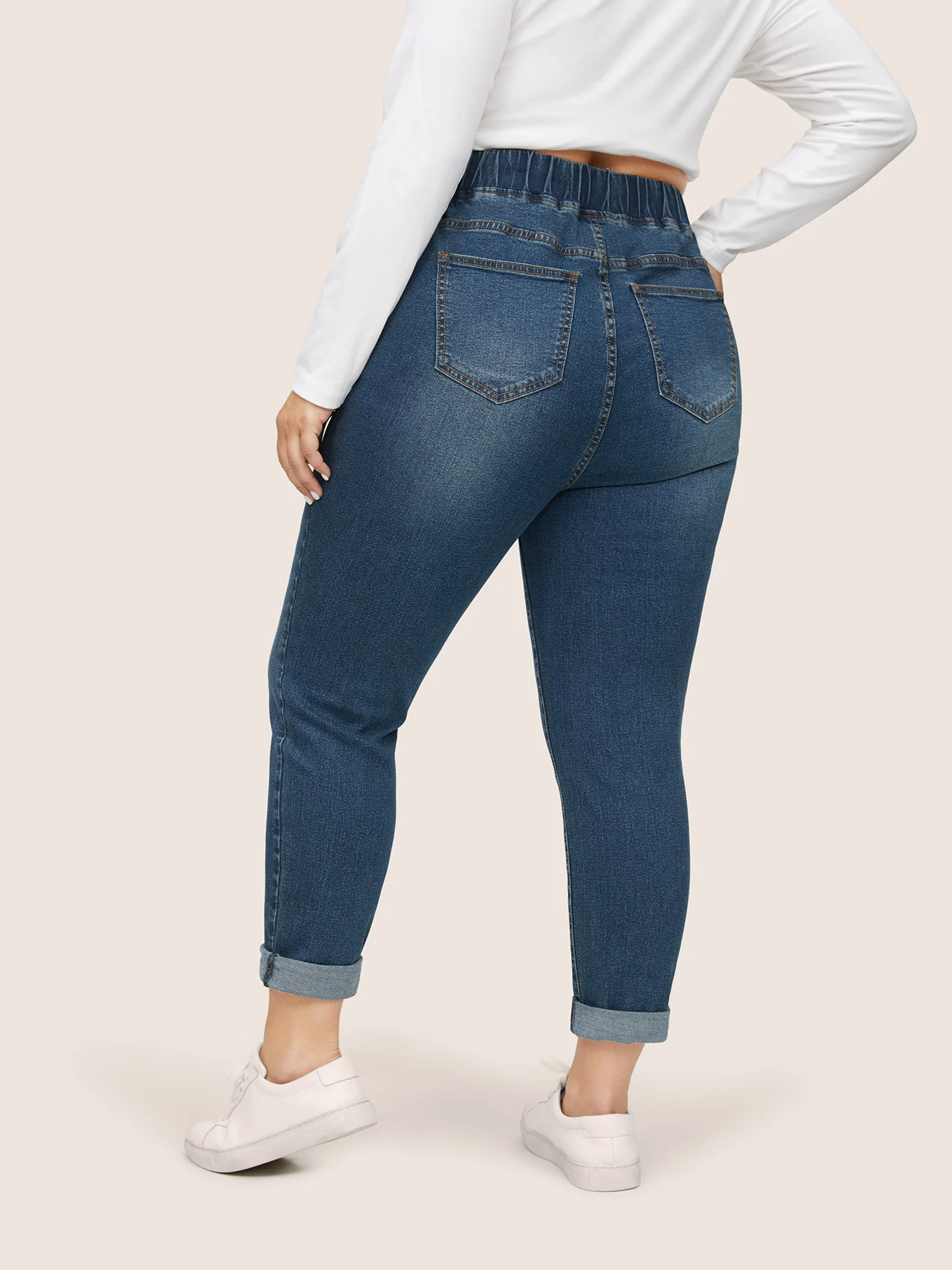 Pull-On Drawstring Folded Hem Boyfriend Jeans - Image 10