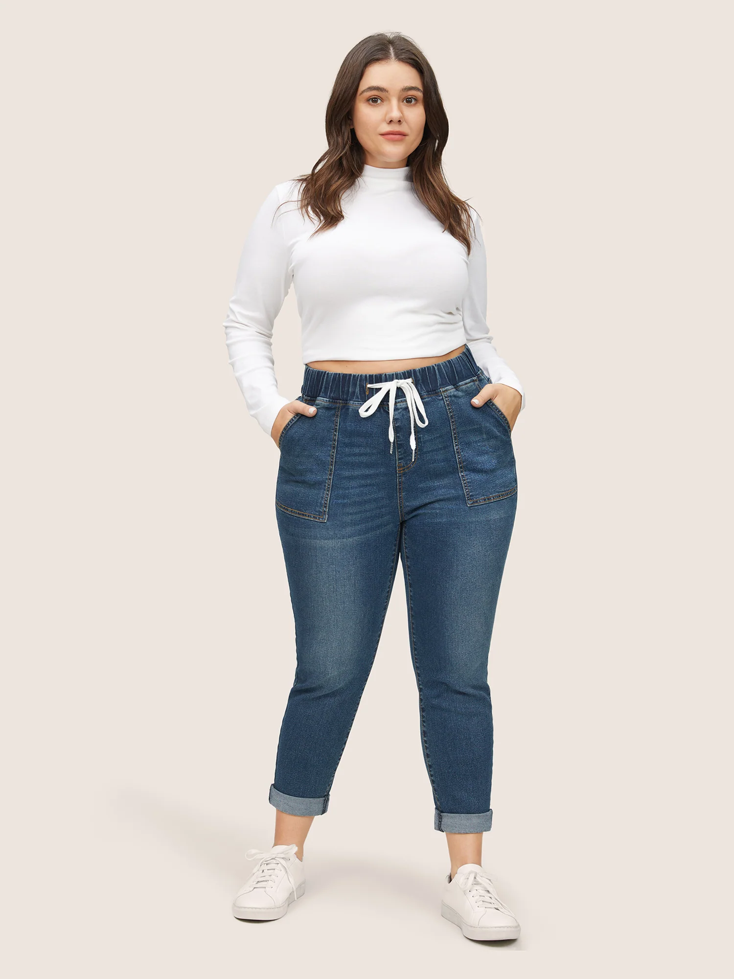 Pull-On Drawstring Folded Hem Boyfriend Jeans - Image 11