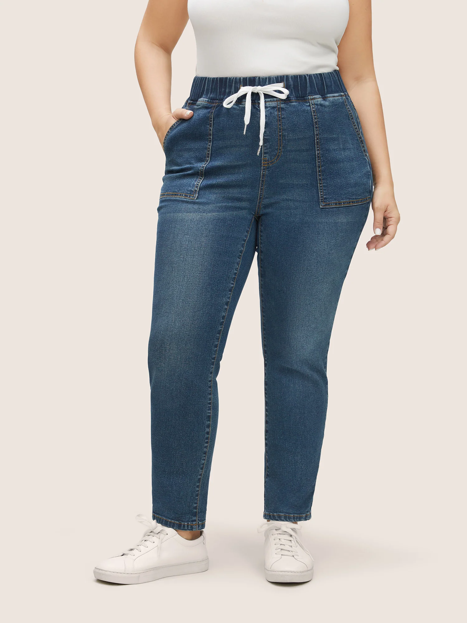 Pull-On Drawstring Folded Hem Boyfriend Jeans - Image 12