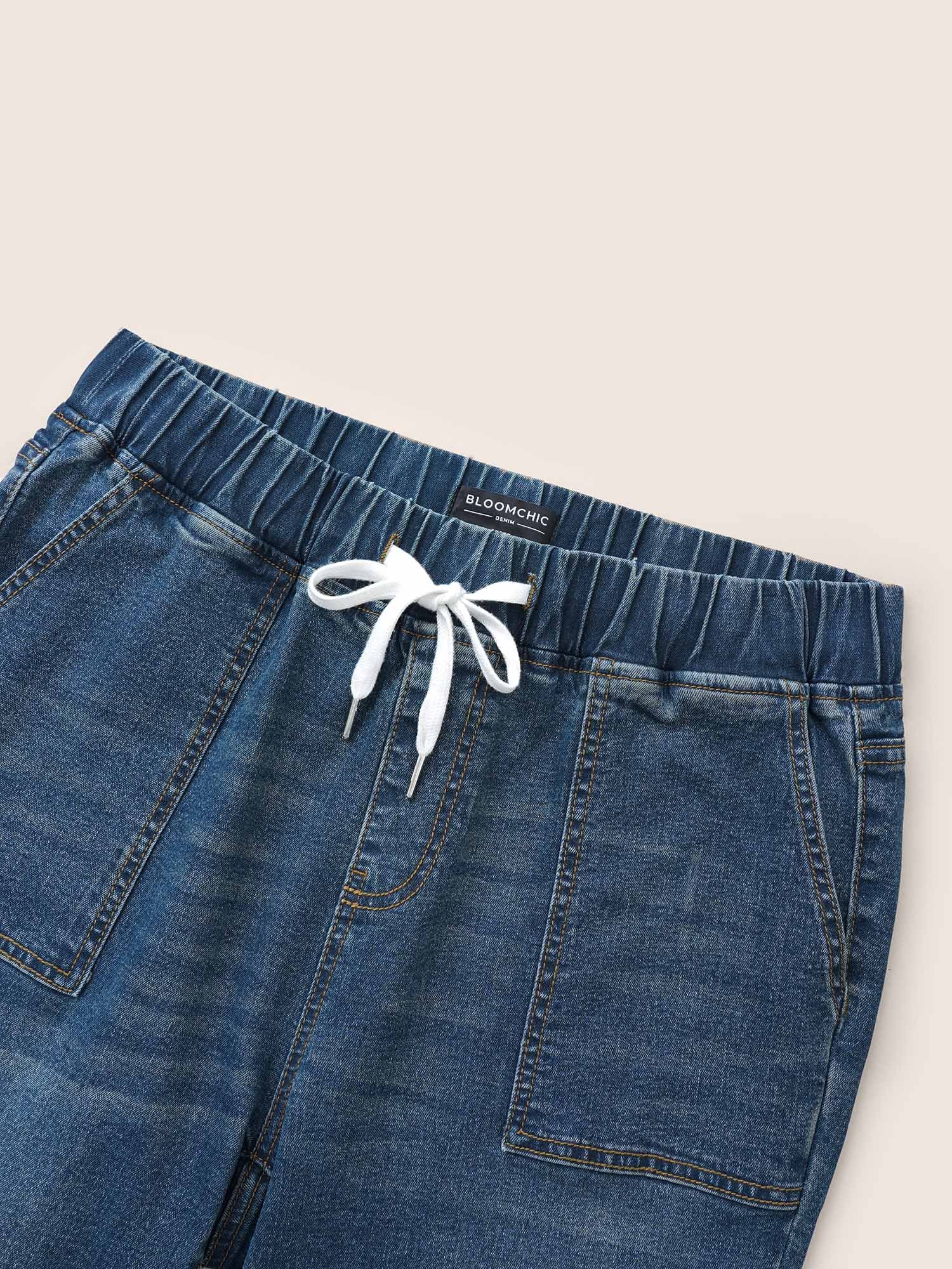 Pull-On Drawstring Folded Hem Boyfriend Jeans - Image 13
