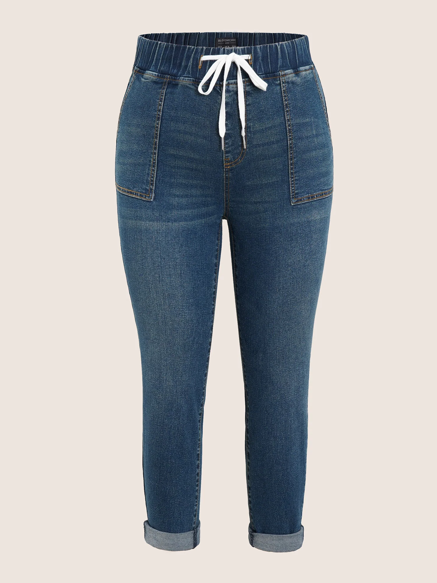 Pull-On Drawstring Folded Hem Boyfriend Jeans - Image 16