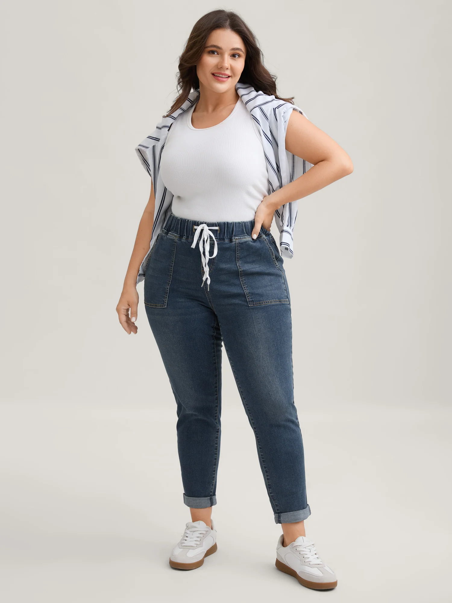 Pull-On Drawstring Folded Hem Boyfriend Jeans - Image 2