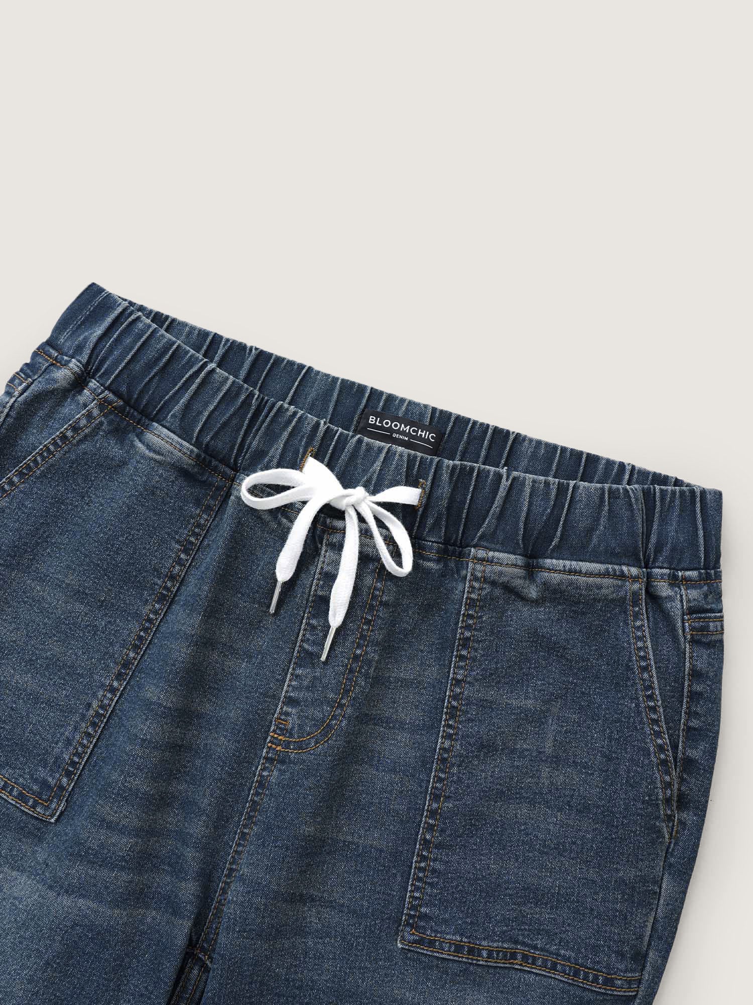 Pull-On Drawstring Folded Hem Boyfriend Jeans - Image 7