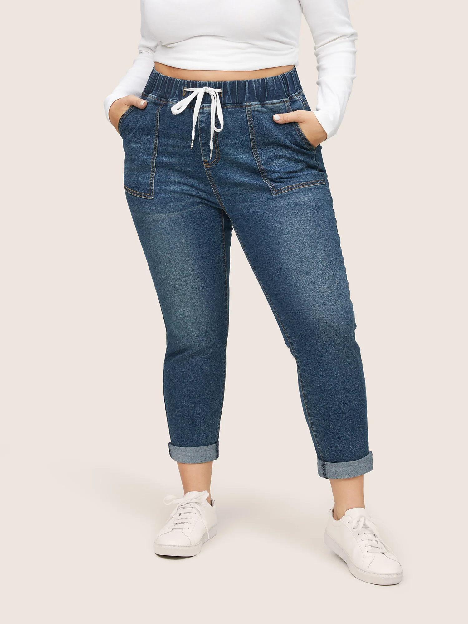 Pull-On Drawstring Folded Hem Boyfriend Jeans - Image 9