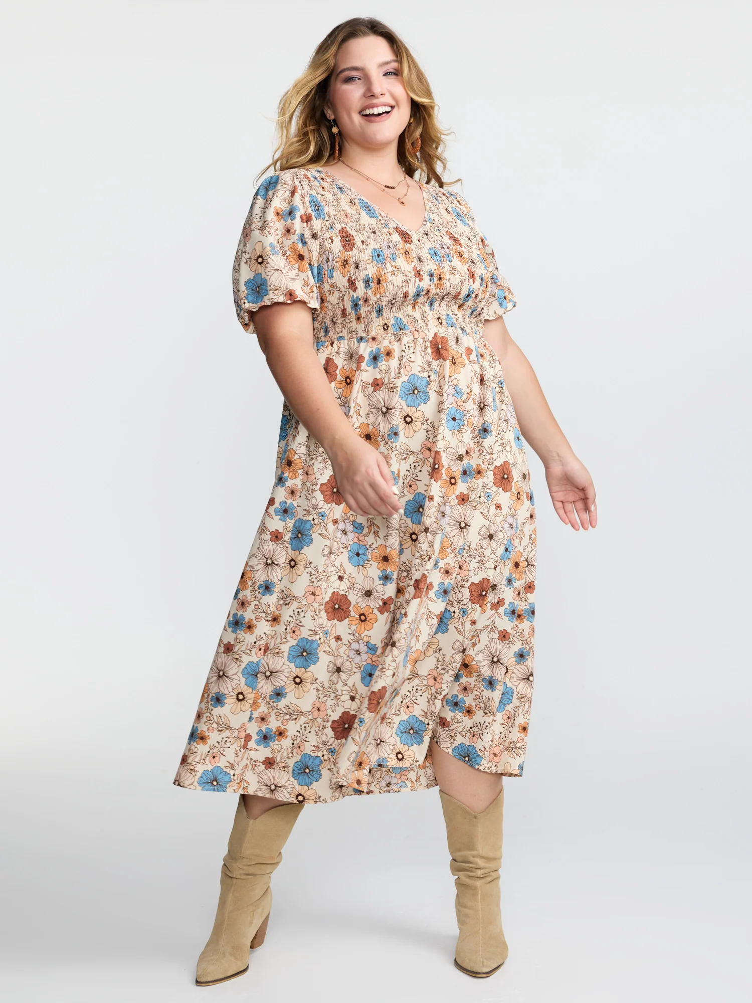Fall Florals Shirred Bodice Midi Dress - Image 8