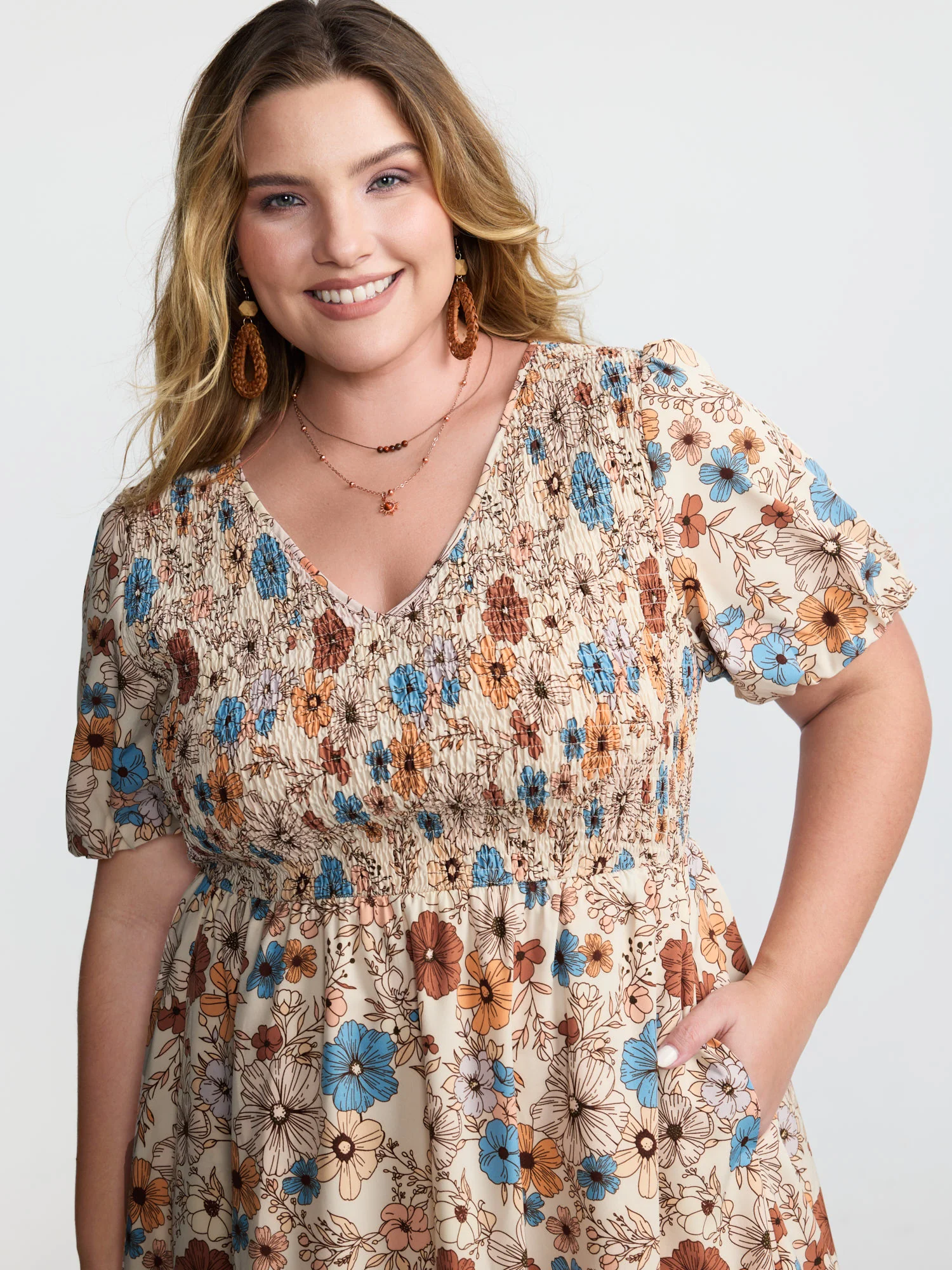 Fall Florals Shirred Bodice Midi Dress - Image 9