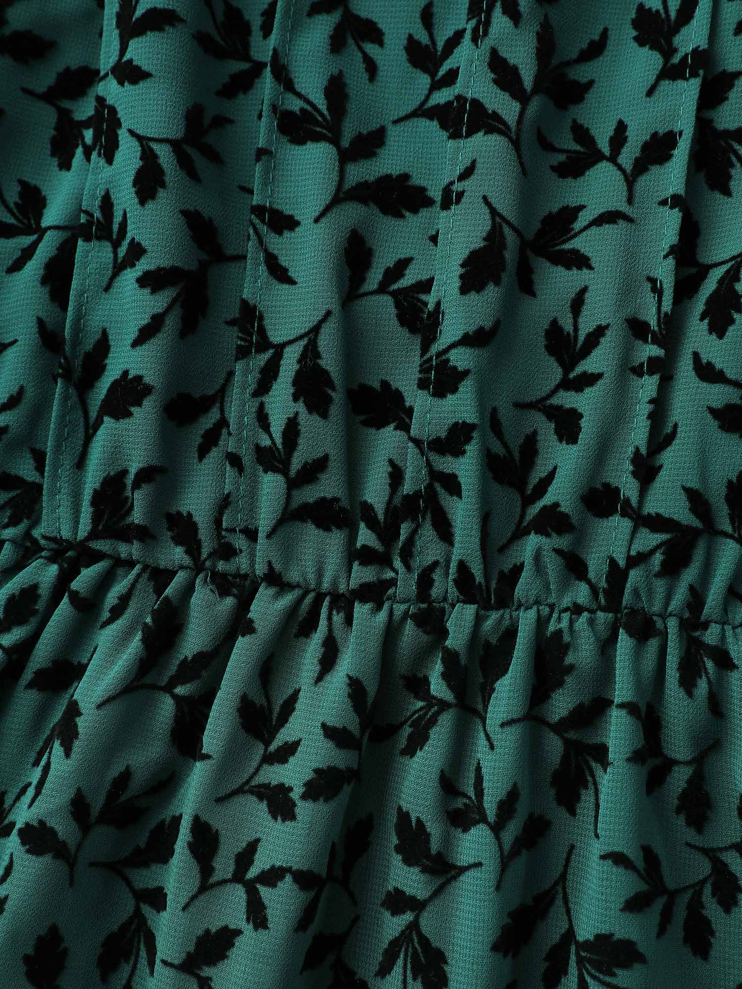 Flocked Floral Shirred Ruffled Neck Midi Dress - Image 5