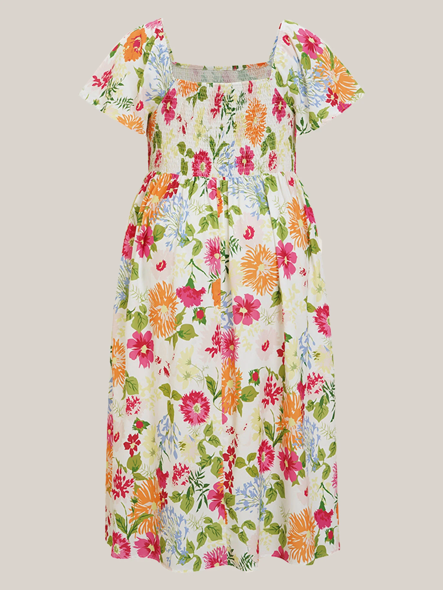 Floral Shirred Square Neck Pocket Midi Dress - Image 12