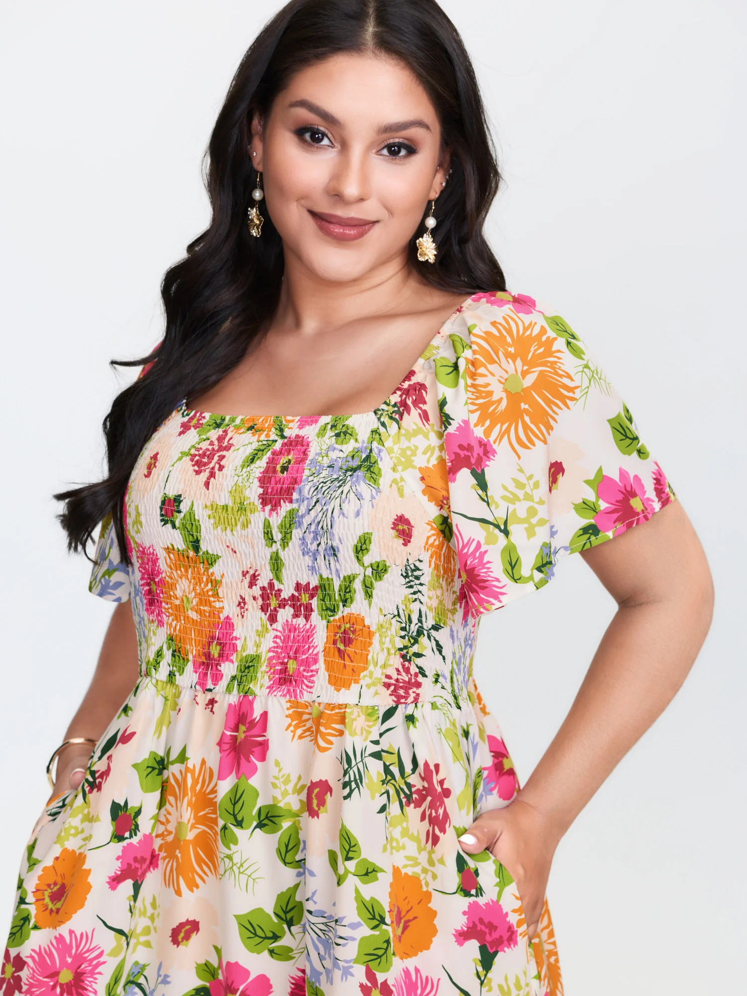 Floral Shirred Square Neck Pocket Midi Dress - Image 8