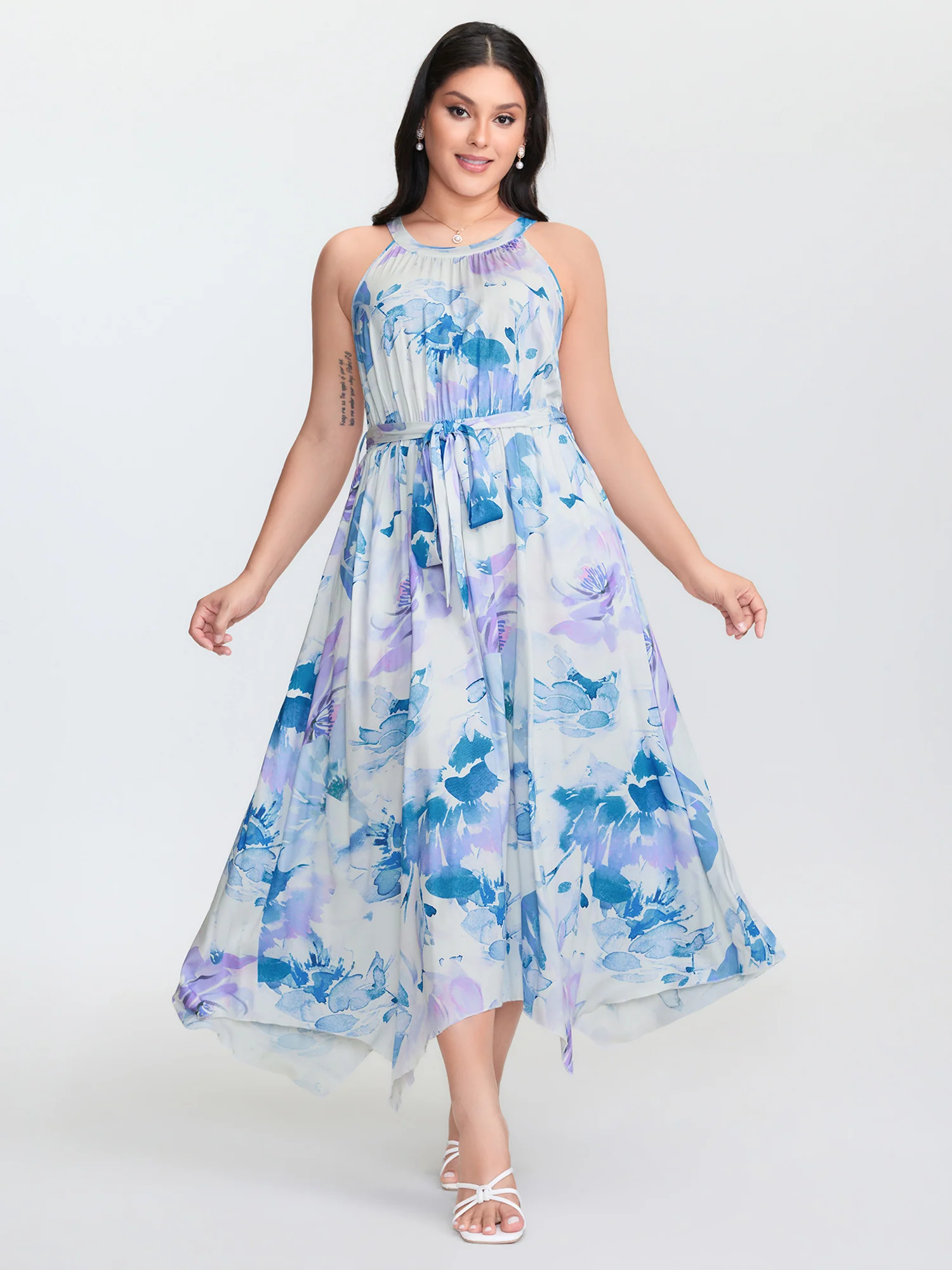 Floral Breeze Print Halter Neckline Midi Dress
