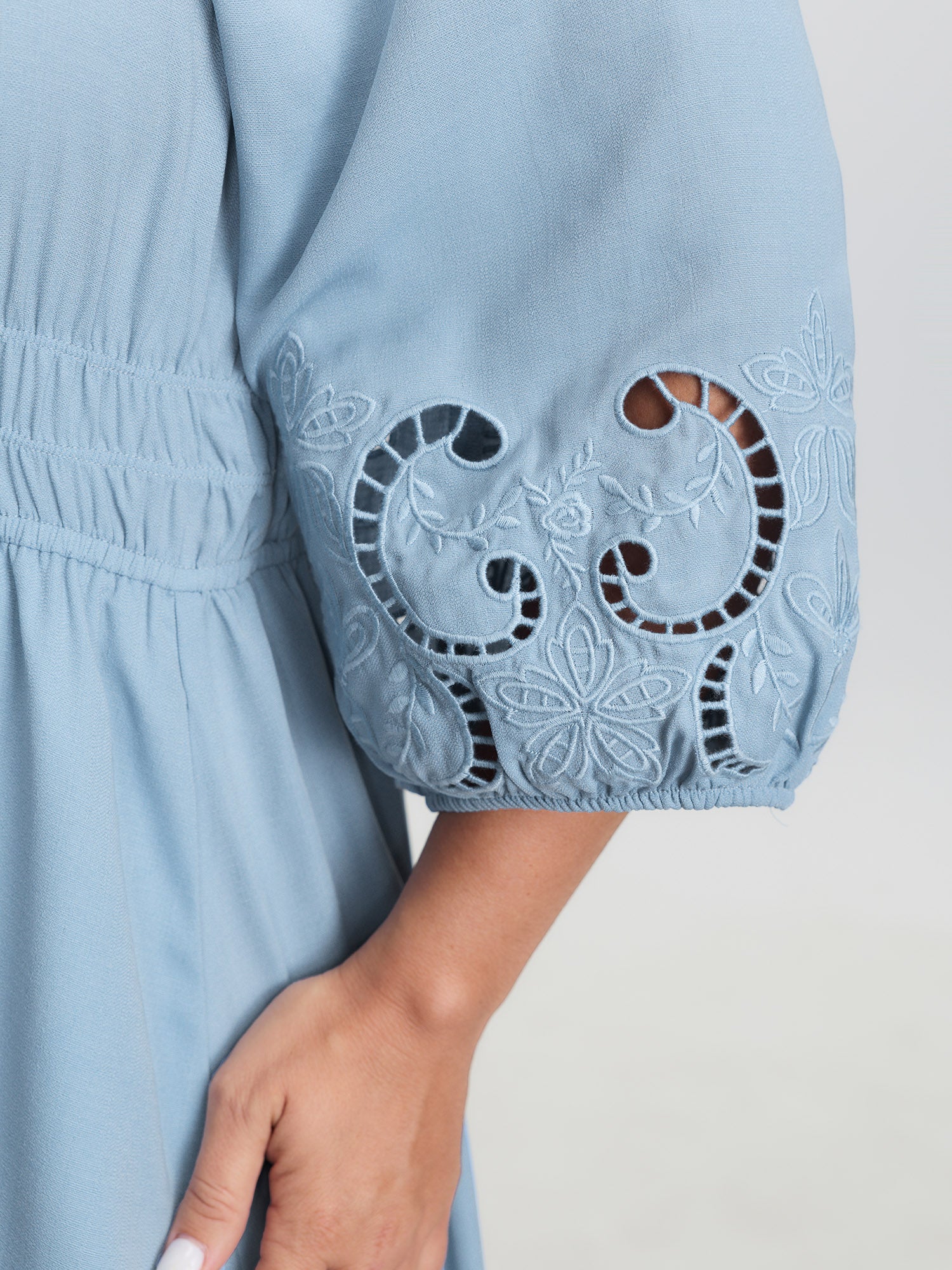 Floral Cut-Out Embroidery Stretchy Waist Midi Dress - Image 3