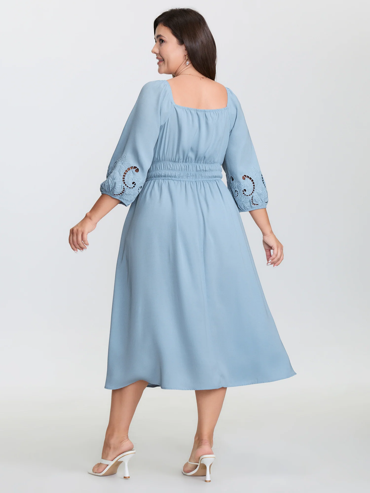Floral Cut-Out Embroidery Stretchy Waist Midi Dress - Image 5