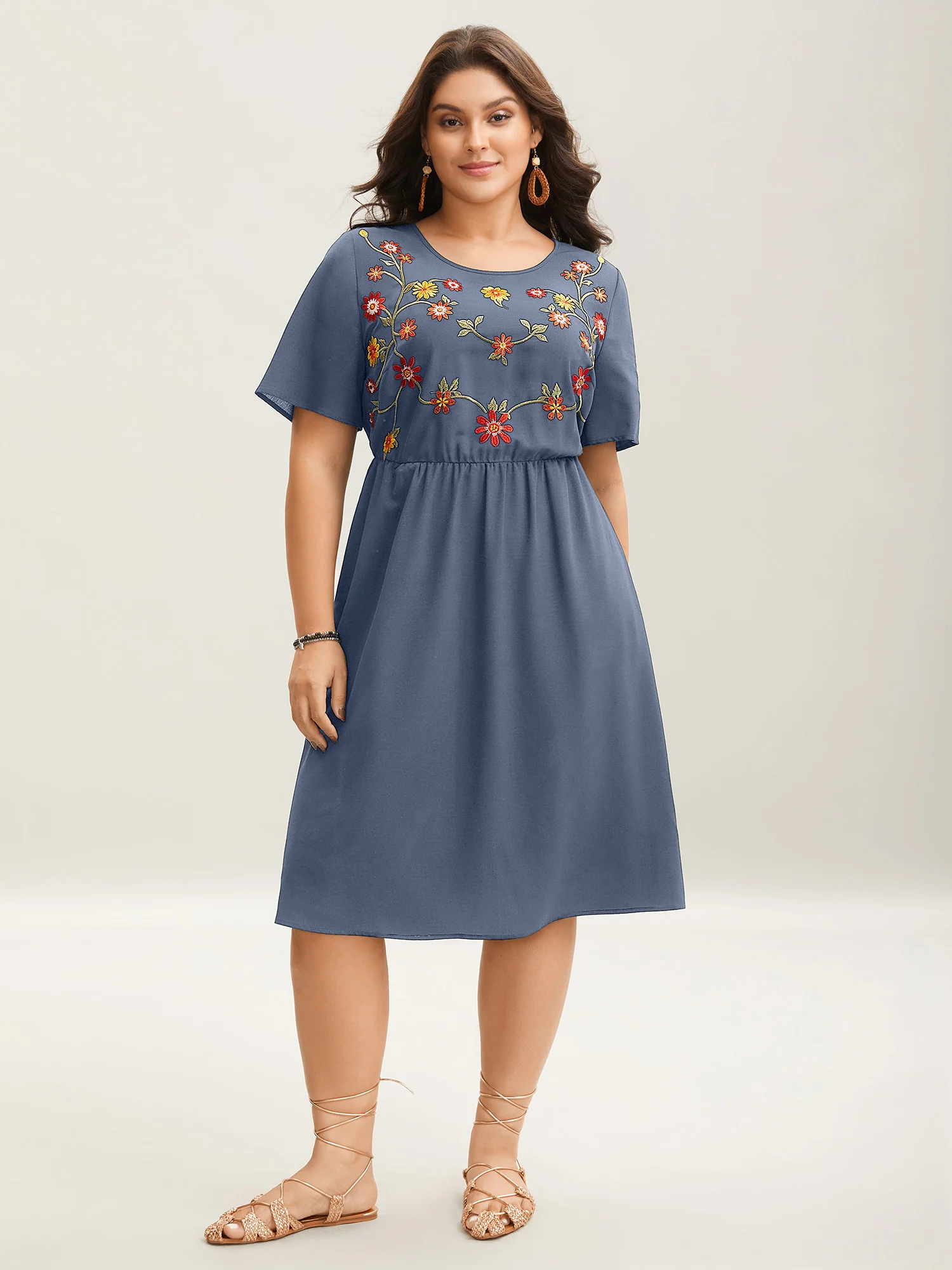 Floral Embroidered Waist-Cinched Midi Dress - Image 12