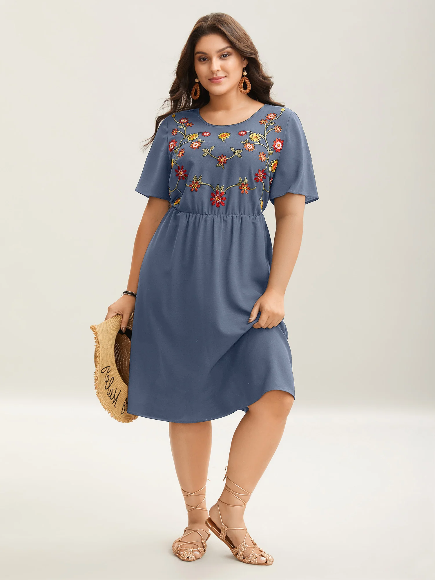 Floral Embroidered Waist-Cinched Midi Dress - Image 14