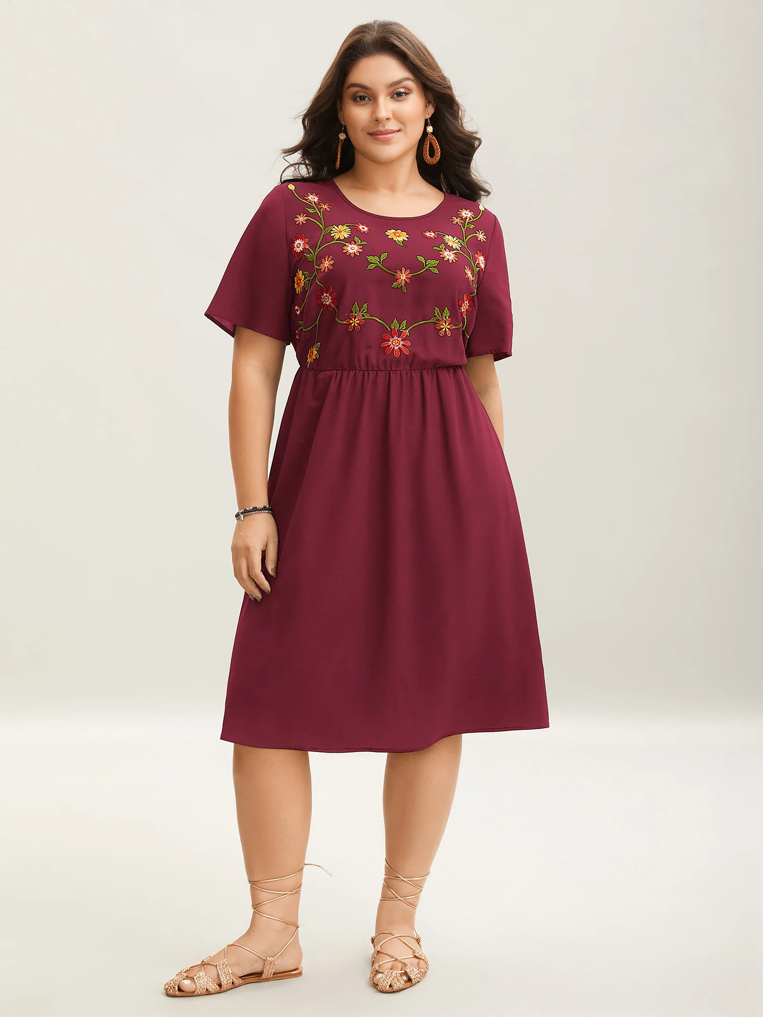 Floral Embroidered Waist-Cinched Midi Dress - Image 8