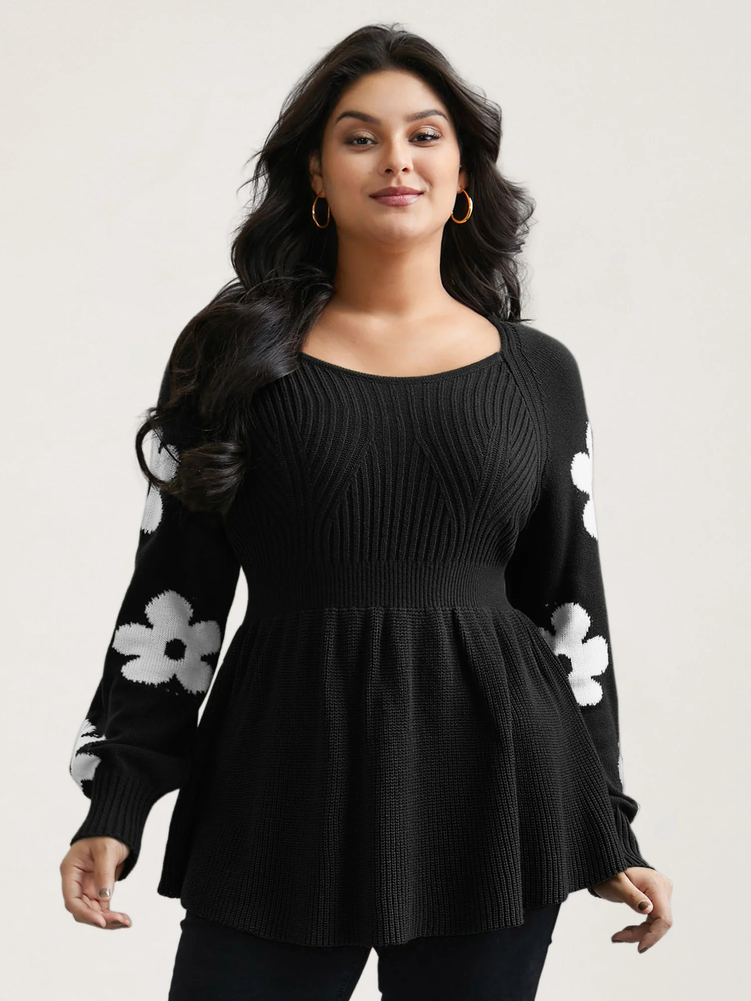 Floral Patch Jacquard Cinched Waist Pullover - Image 11