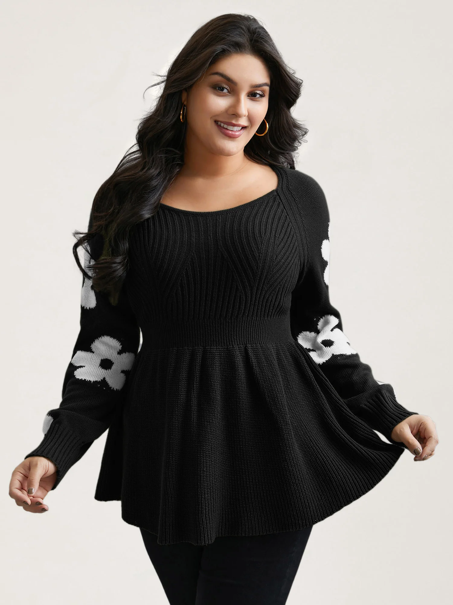 Floral Patch Jacquard Cinched Waist Pullover - Image 9