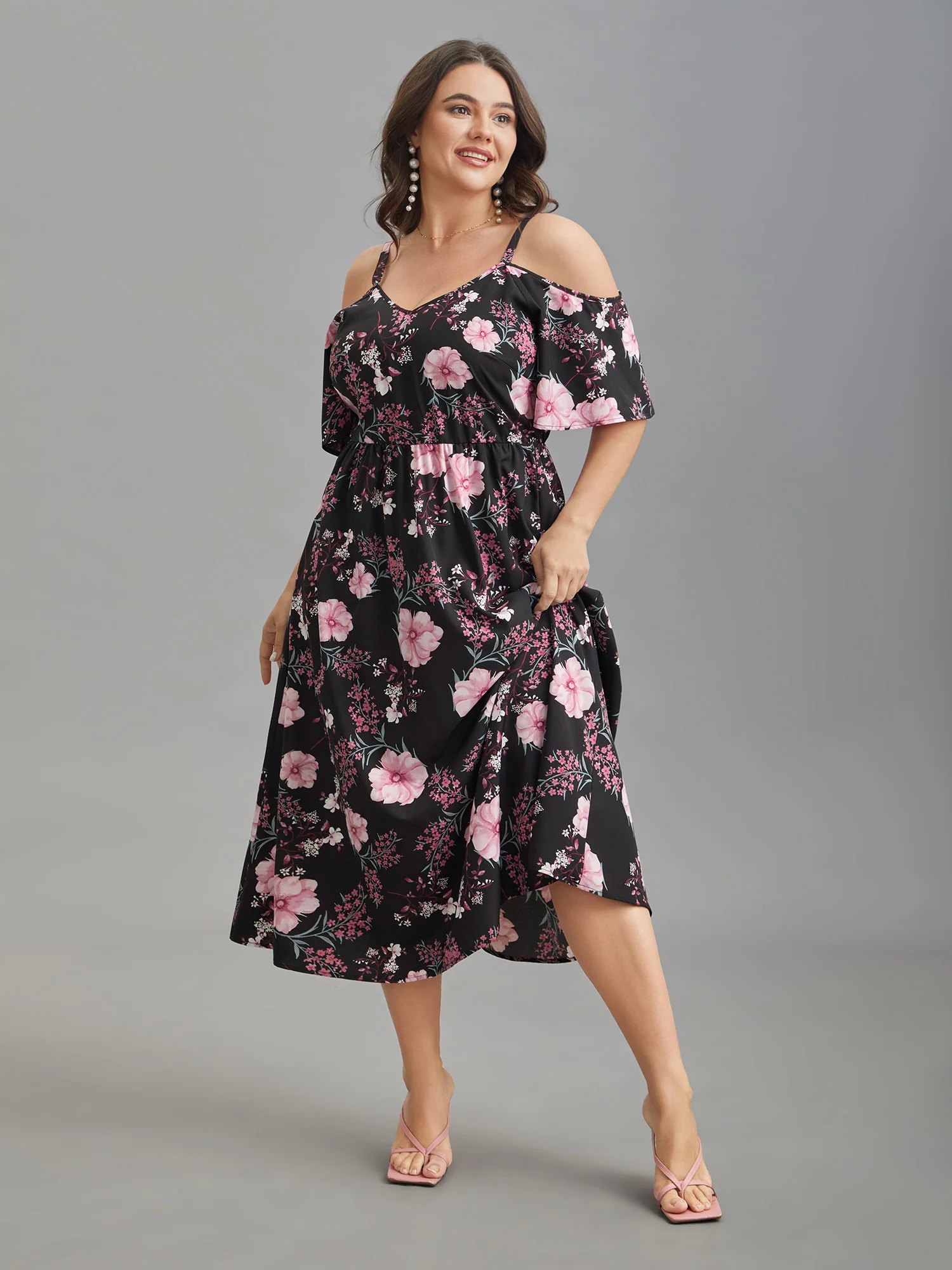 Floral Print Cold-Shoulder Pockets Midi Dress - Image 2