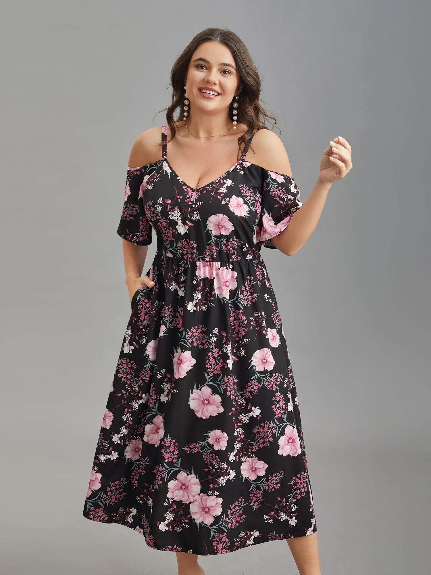 Floral Print Cold-Shoulder Pockets Midi Dress - Image 3