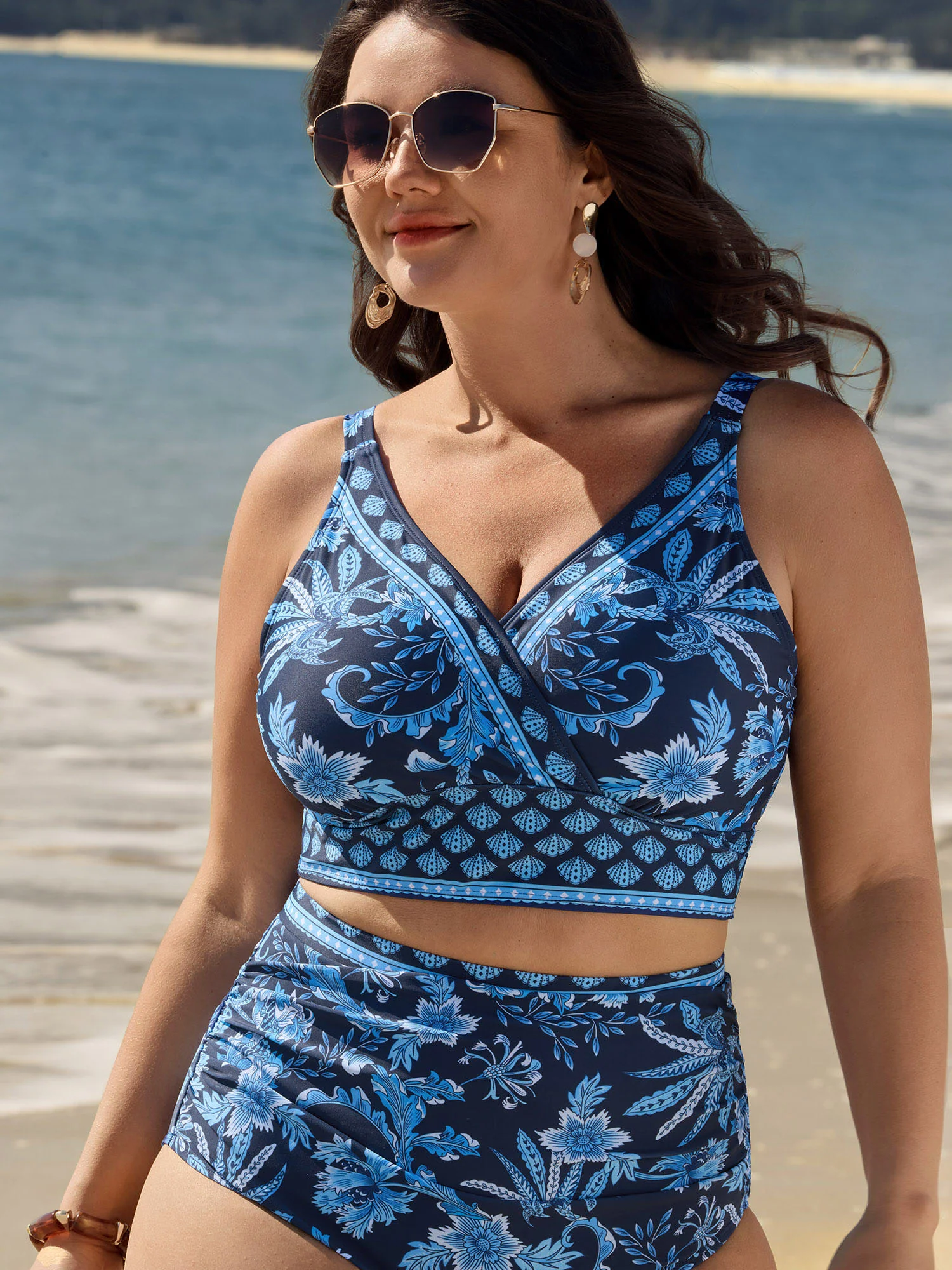 Floral Print Color Contrast Surplice Swim Top