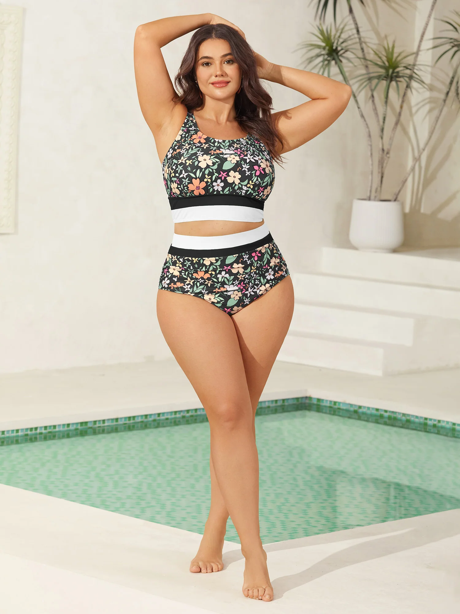 Floral Print Color Contrast Swim Bottoms - Image 13