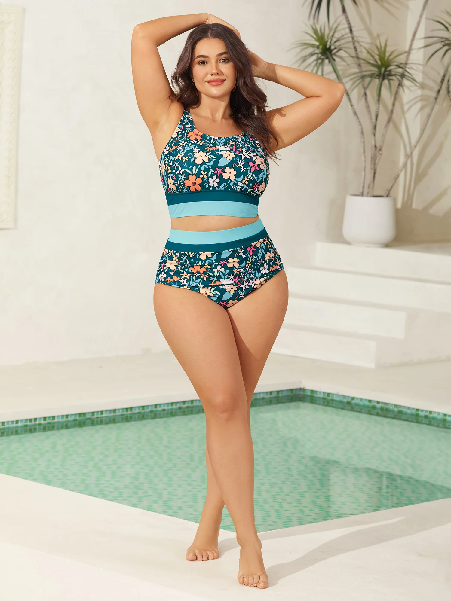Floral Print Color Contrast Swim Bottoms - Image 3