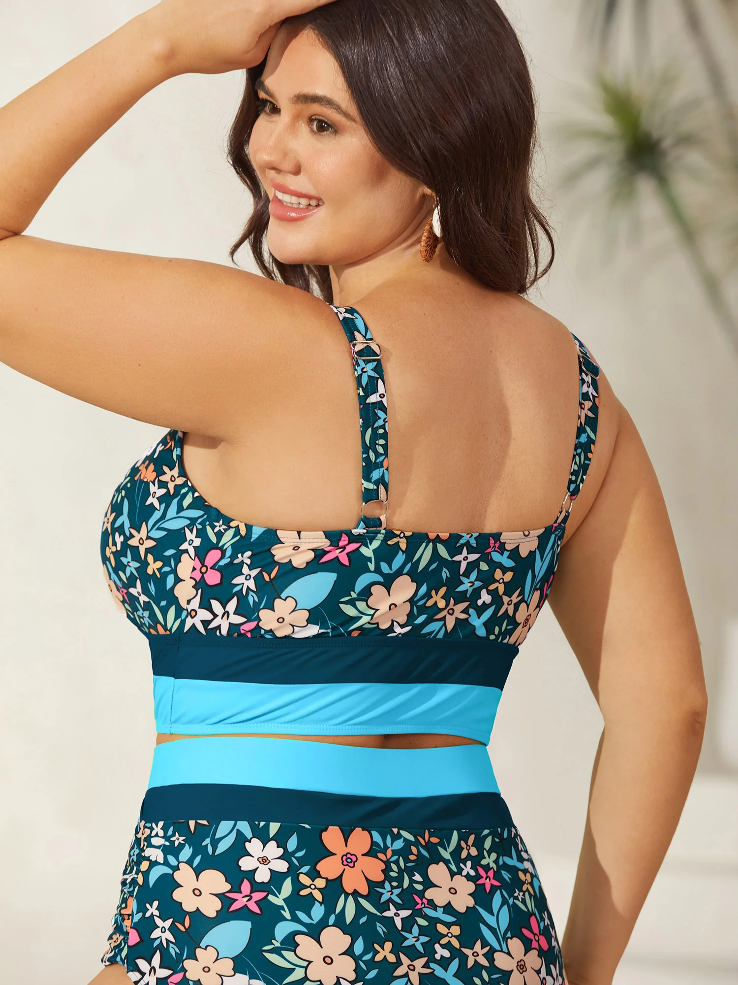 Floral Print Color Contrast Swim Top - Image 11